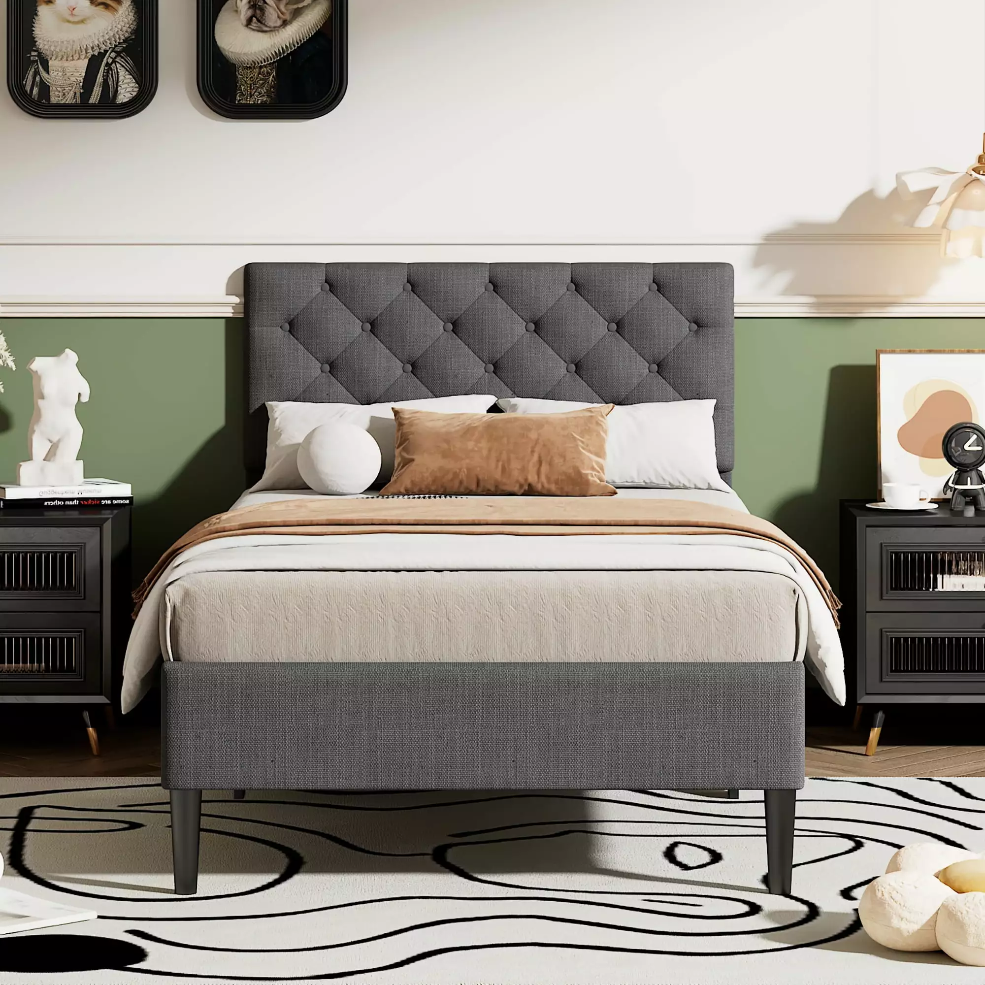 BTMWAY Twin Size Upholstered Platform Bed Button Tufted Headboard Wooden Slat Support No Box Spring Gray Legahome