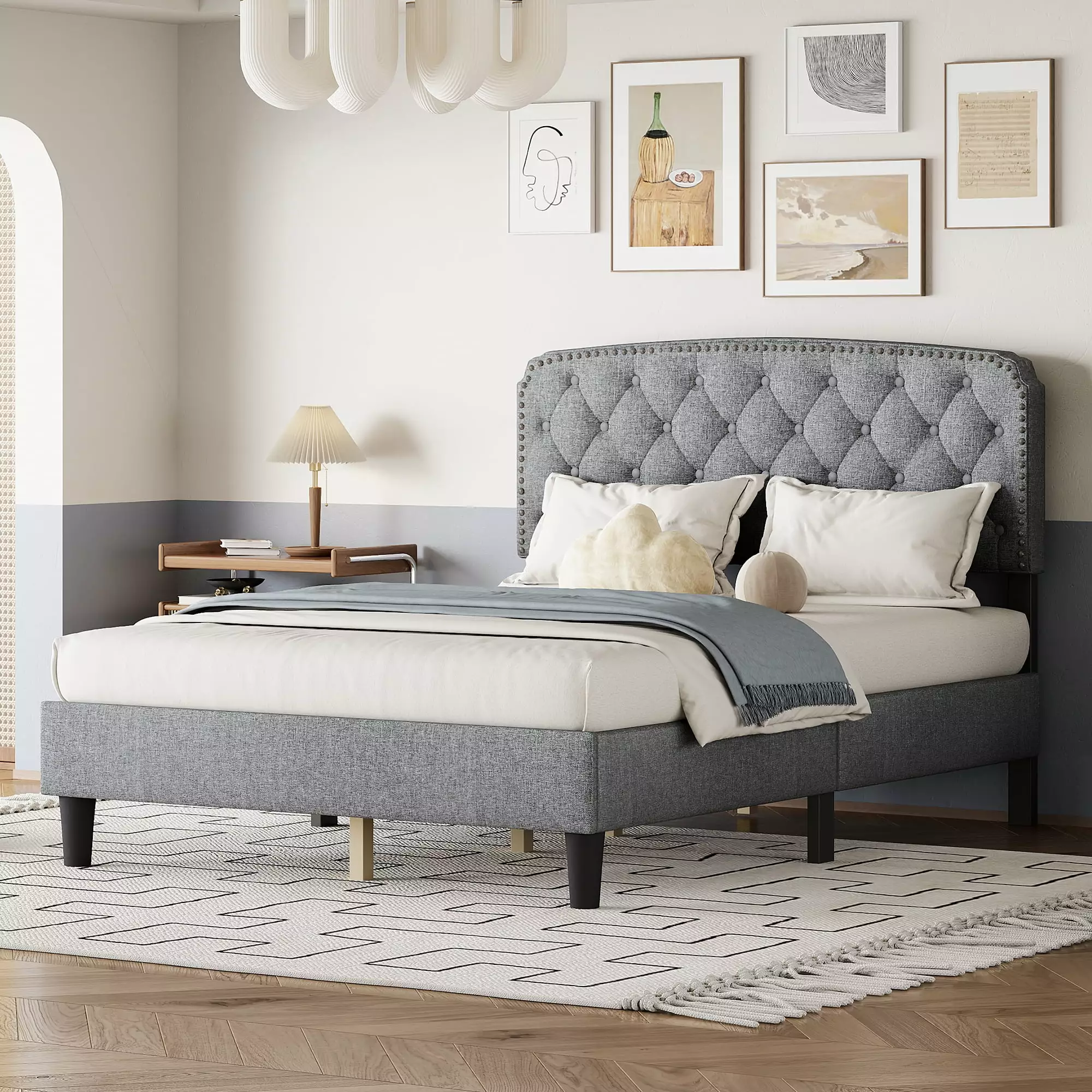 Full Platform Bed Frame Modern Upholstered Platform Bed Adjustable Button-Tufted Headboard LegaHome