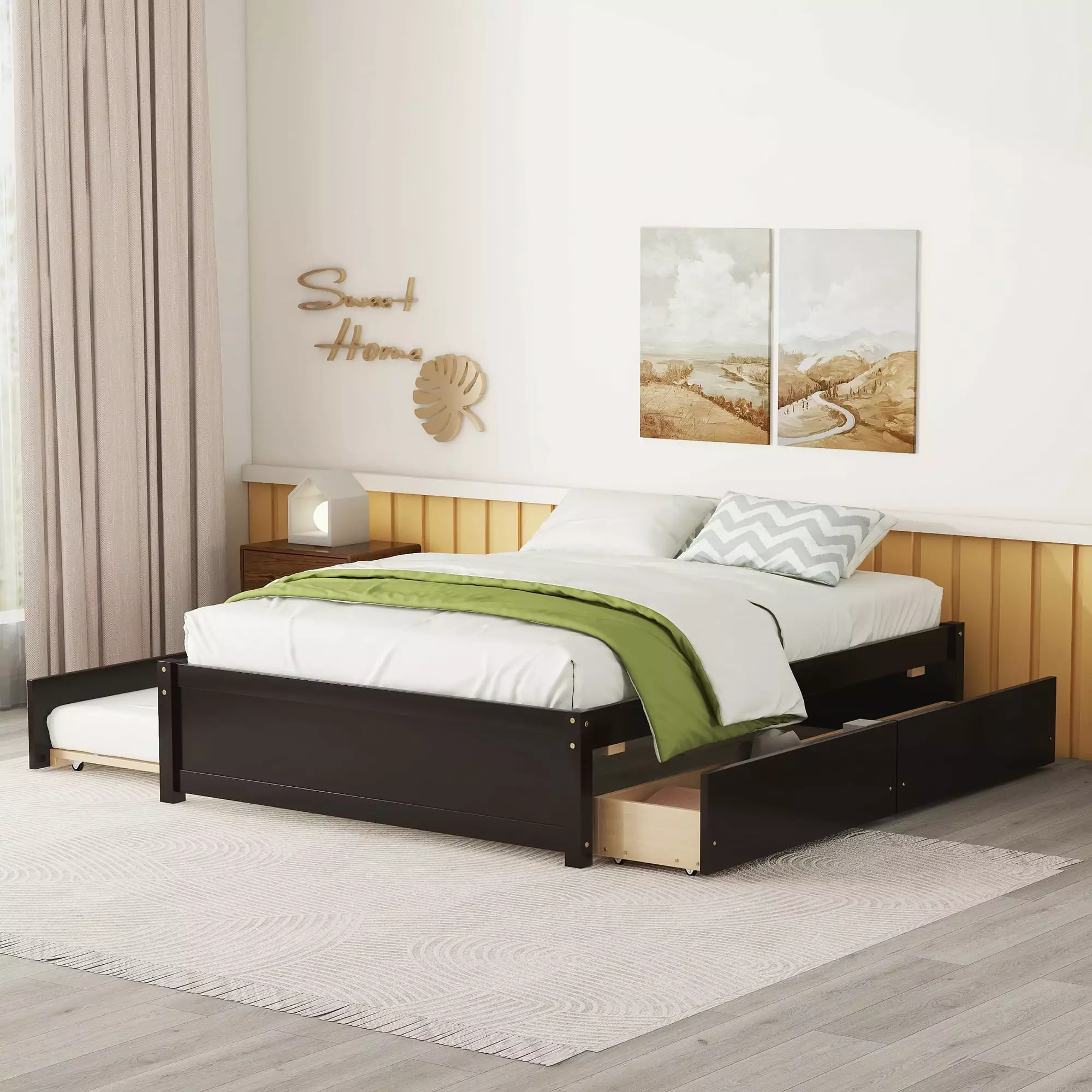 LegaHome Full Bed Frame Trundle and 2 Drawers Espresso Solid Wood Platform Bed Storage