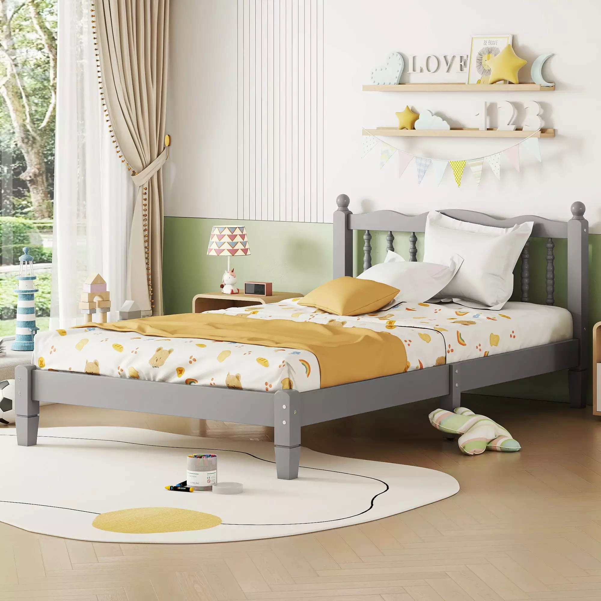 LegaHome Twin Bed Frame Headboard Modern Wood Platform Bed Kids Teens No Box Spring Needed Gray