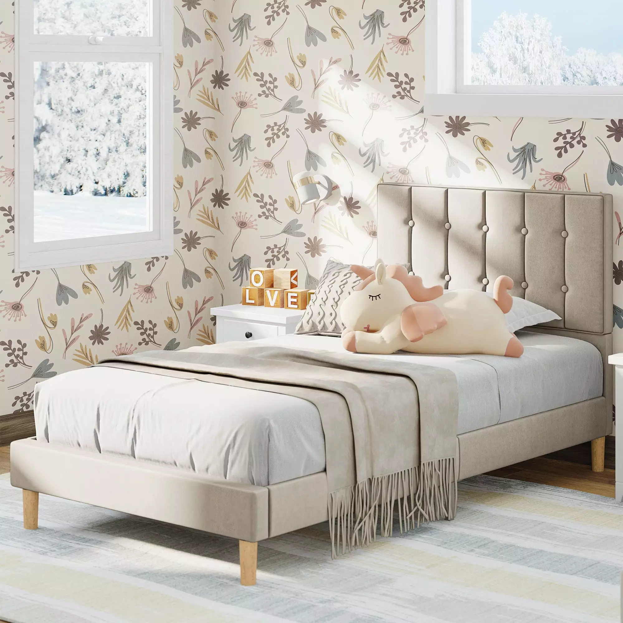 LIKIMIO Twin Bed Frame Upholstered Headboard Kids No Box Spring Needed Beige