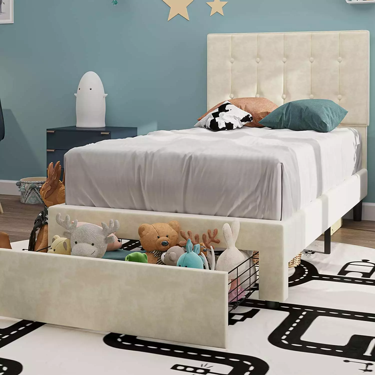 LIKIMIO Twin Bed Storage Drawer and Velvet Upholstered Headboard Beige - No Box Spring Needed