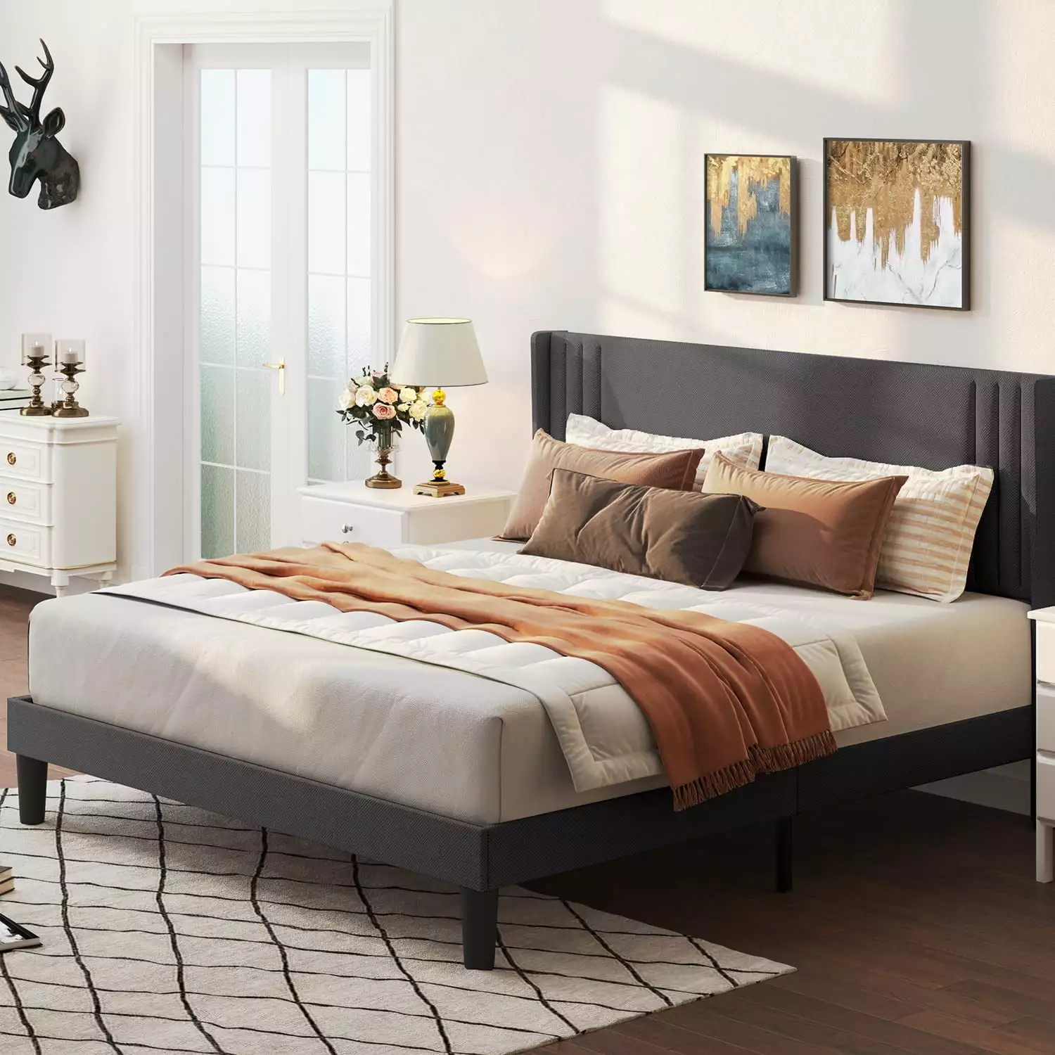 Queen Bed Frame Upholstered Headboard Lofka Metal Platform Bed Frame Dark Gray