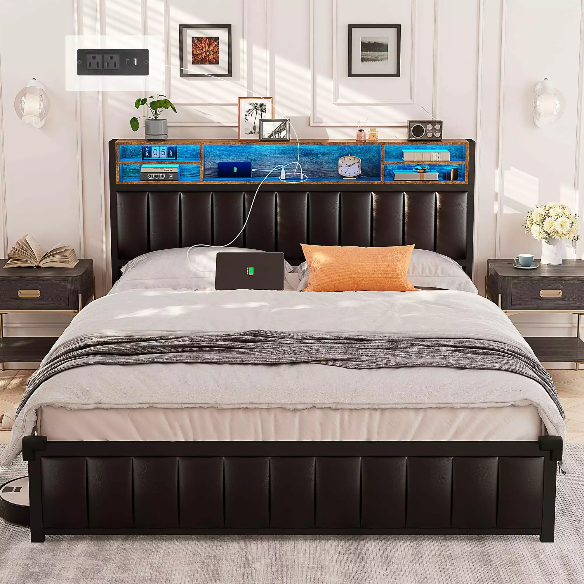 Full Size Bed Frame Bookcase Headboard and Charging Station Lumelay
