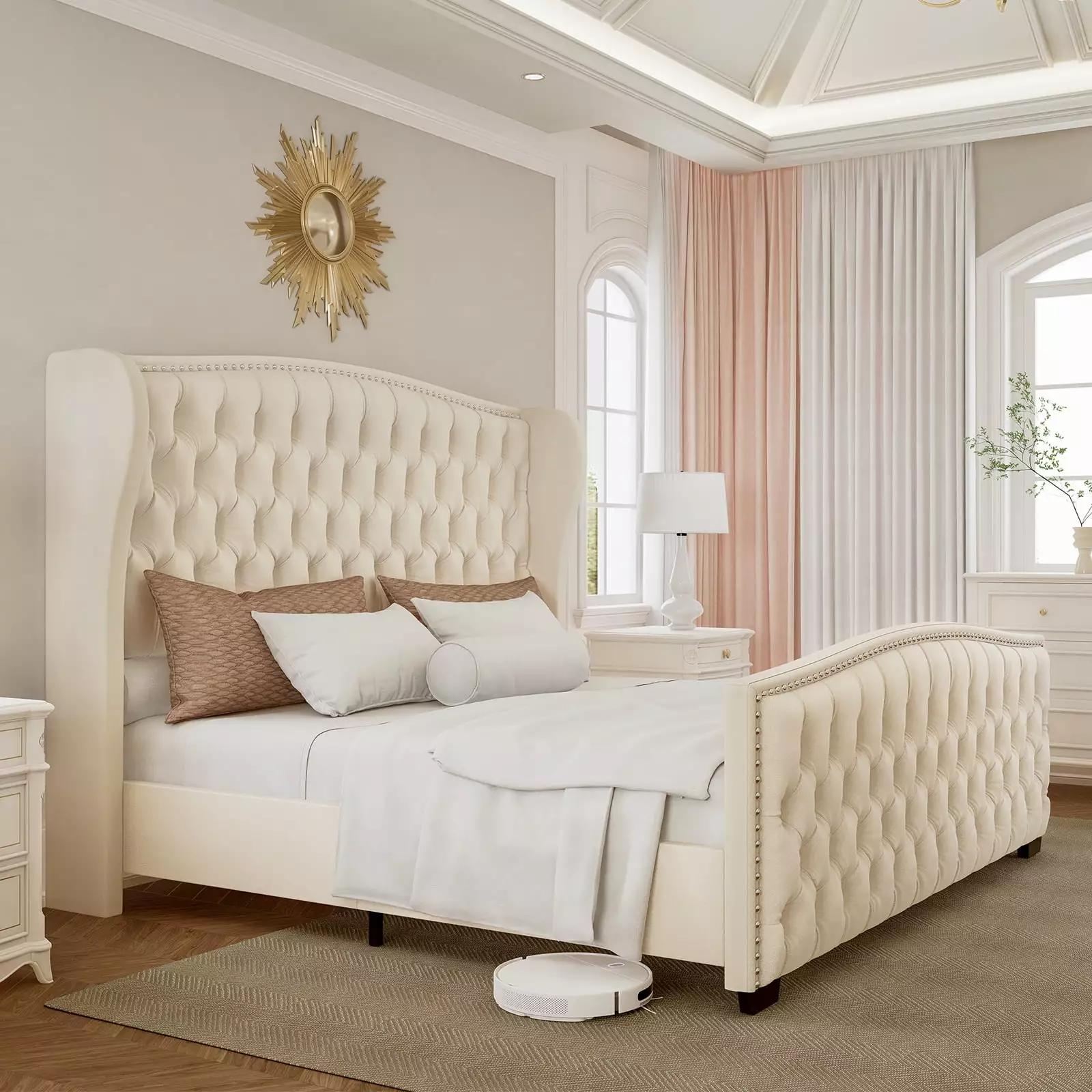 LUXOAK King Platform Bed Frame Wingback Headboard - Cream Upholstered Bed