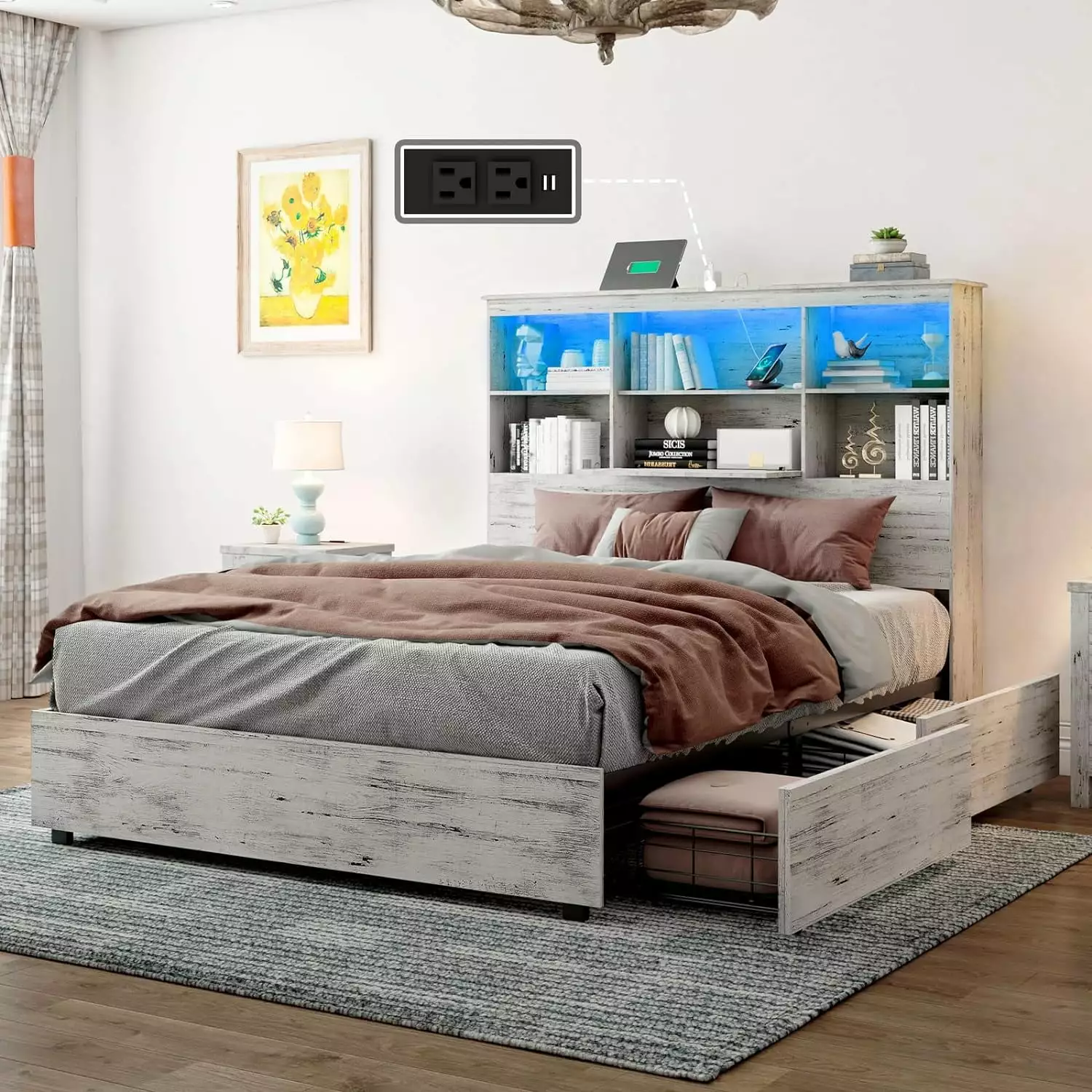 LUXOAK Queen Size Bed Frame LED Bookcase Headboard Wooden Storage Bed Charging Station 4 Drawers White Birch
