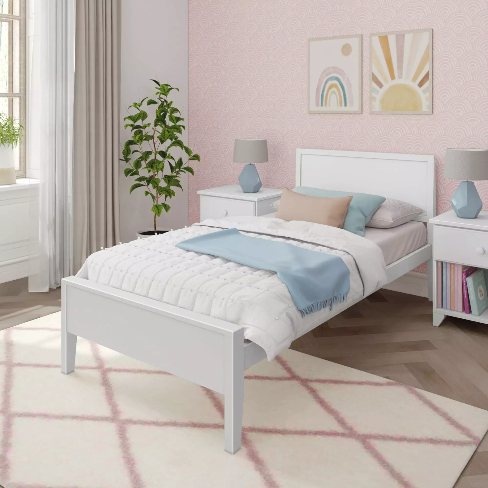 Max & Lily Twin Bed Frame Solid Wood Timeless Platform Bed Panel Headboard Kids White