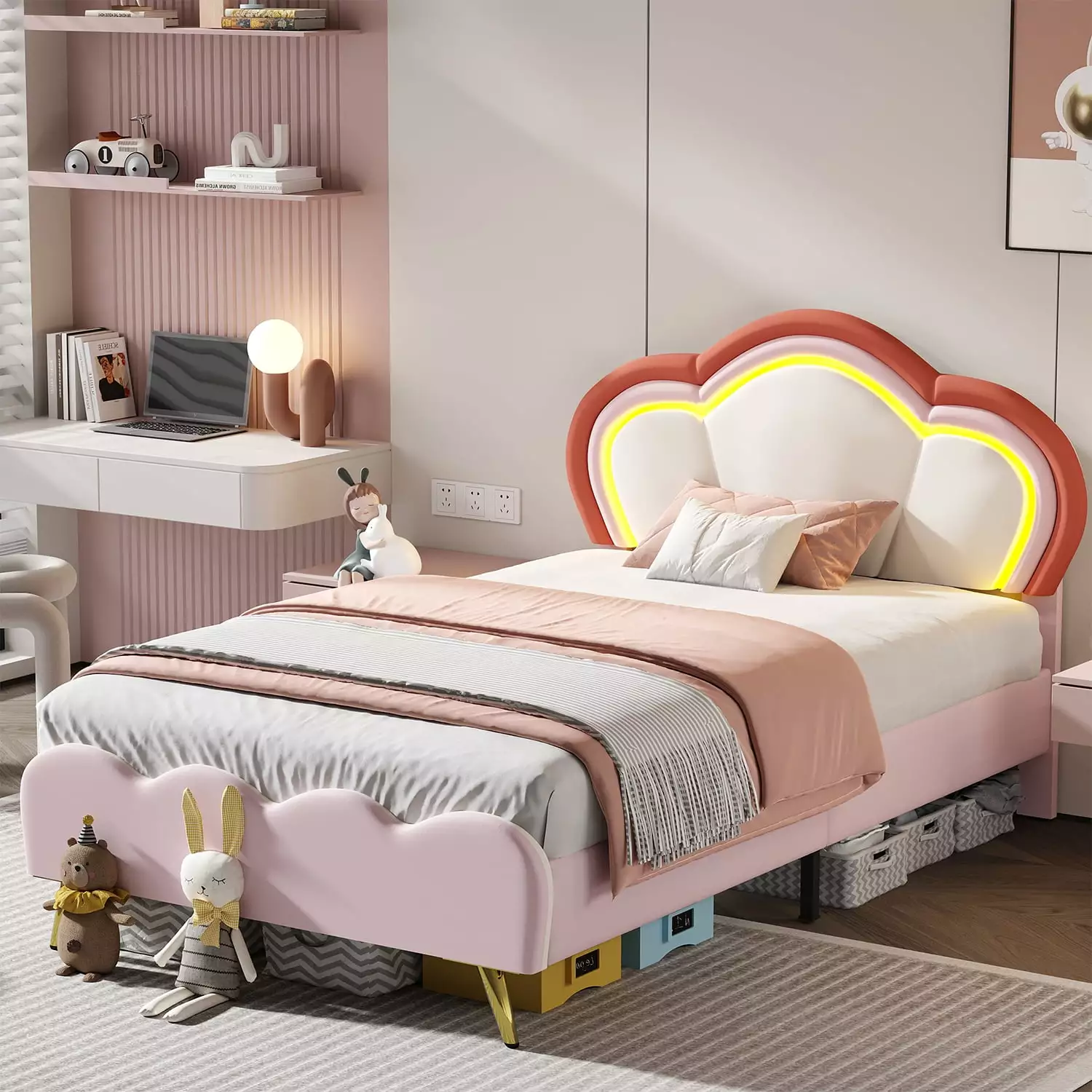 Meteorleg Twin LED Bed Frame Adjustable Headboard Velvet Upholstered Platform Bed Kids Pink