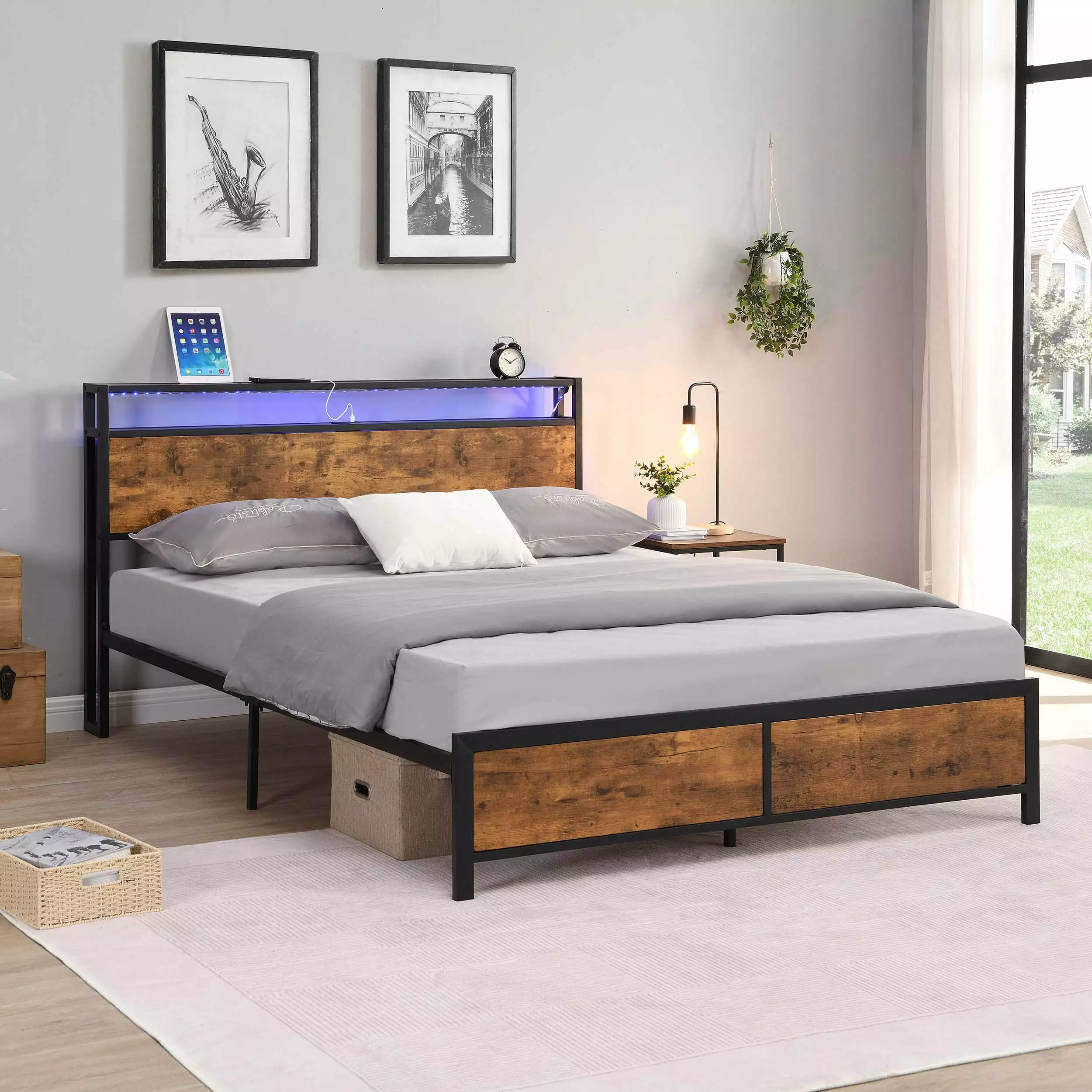 Miniyam Queen Size Bed Frame LED Lights and 2 USB Ports Vintage Brown Teens