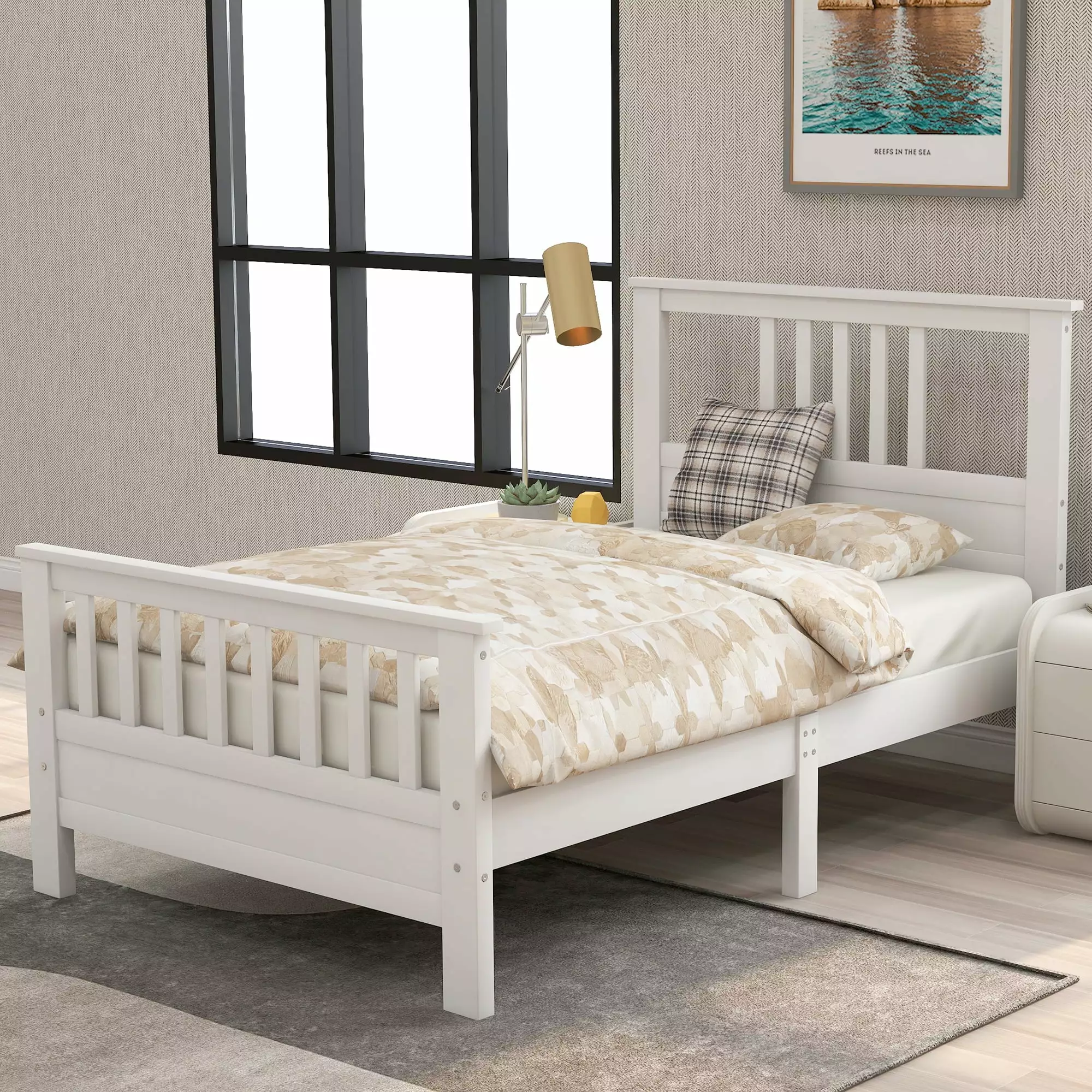 Nestfair White Twin Wood Platform Bed Headboard and Footboard