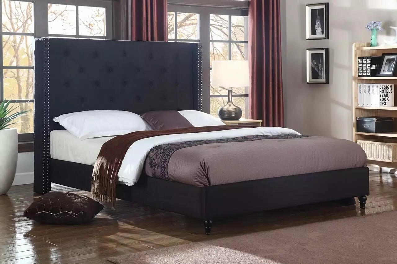 Full Size Upholstered Platform Bed Frame Tall Headboard and Storage Space Black OLIVER & SMITH SINCE 1921