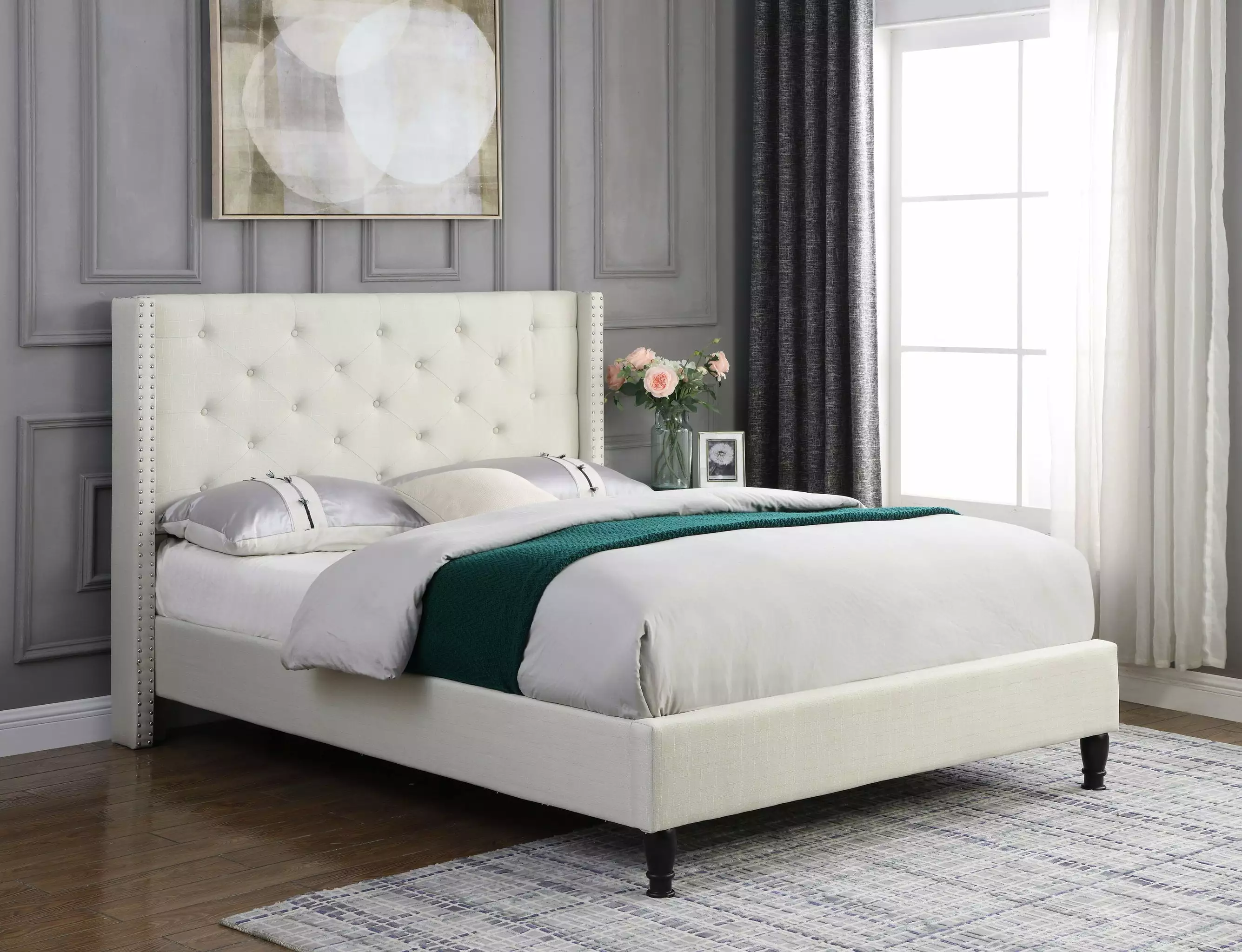 Full Size Upholstered Platform Bed Frame Tall Headboard Storage Space Light Beige OLIVER & SMITH SINCE 1921