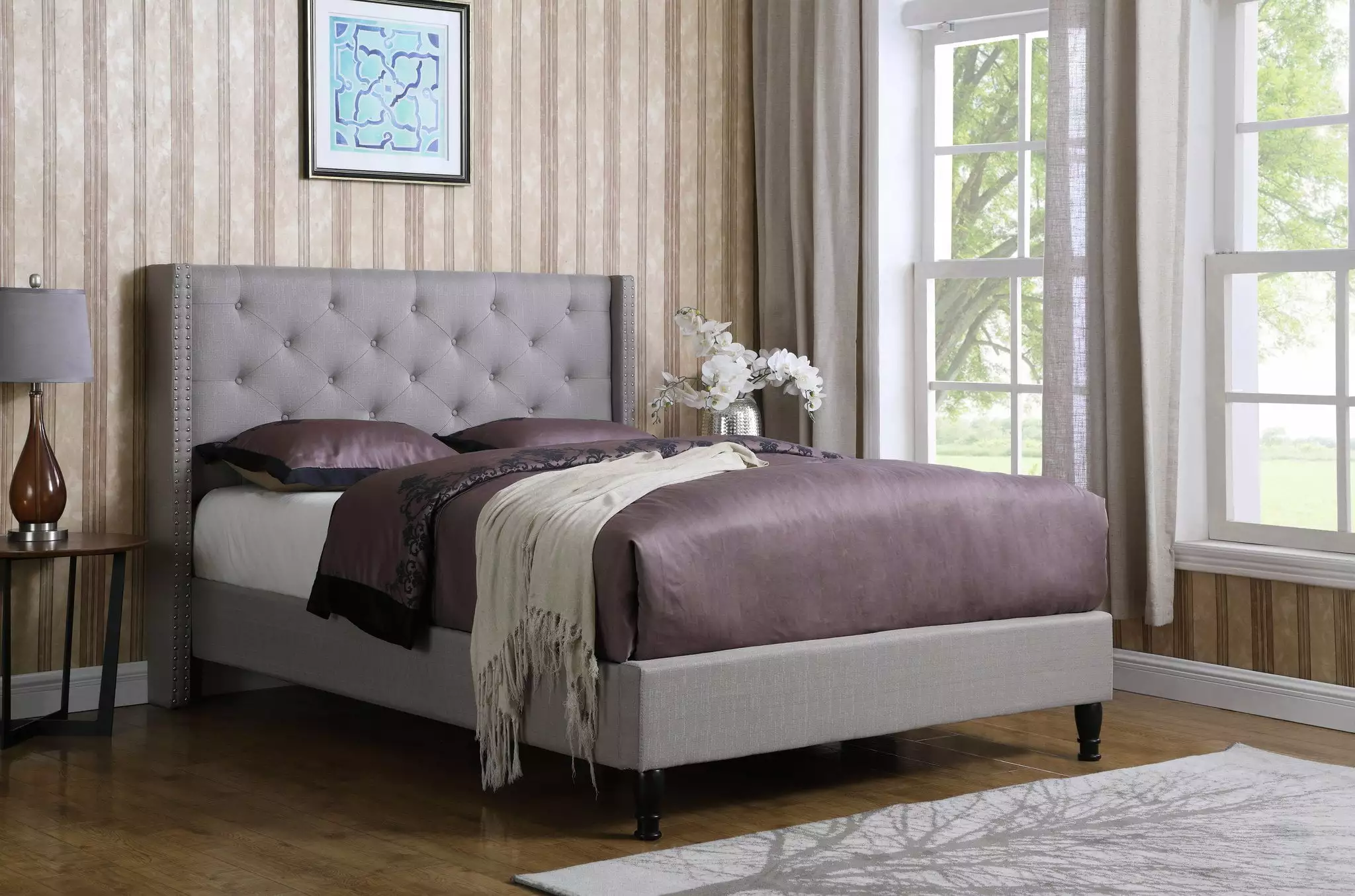 Full Size Upholstered Platform Bed Frame Tall Headboard Storage Space Gray OLIVER & SMITH SINCE 1921