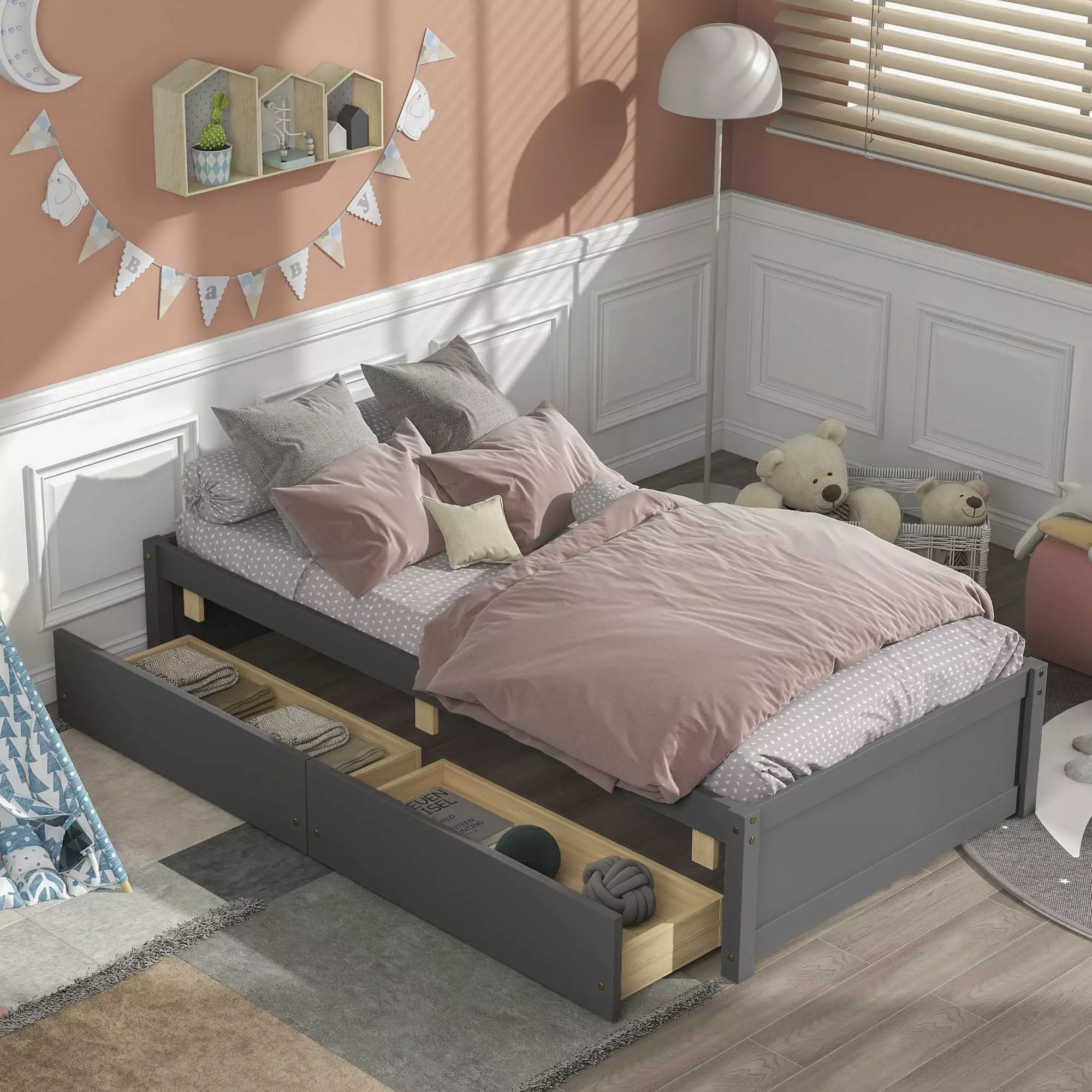 Ouyessir Twin Size Wood Platform Bed Frame Two Storage Drawers Kids