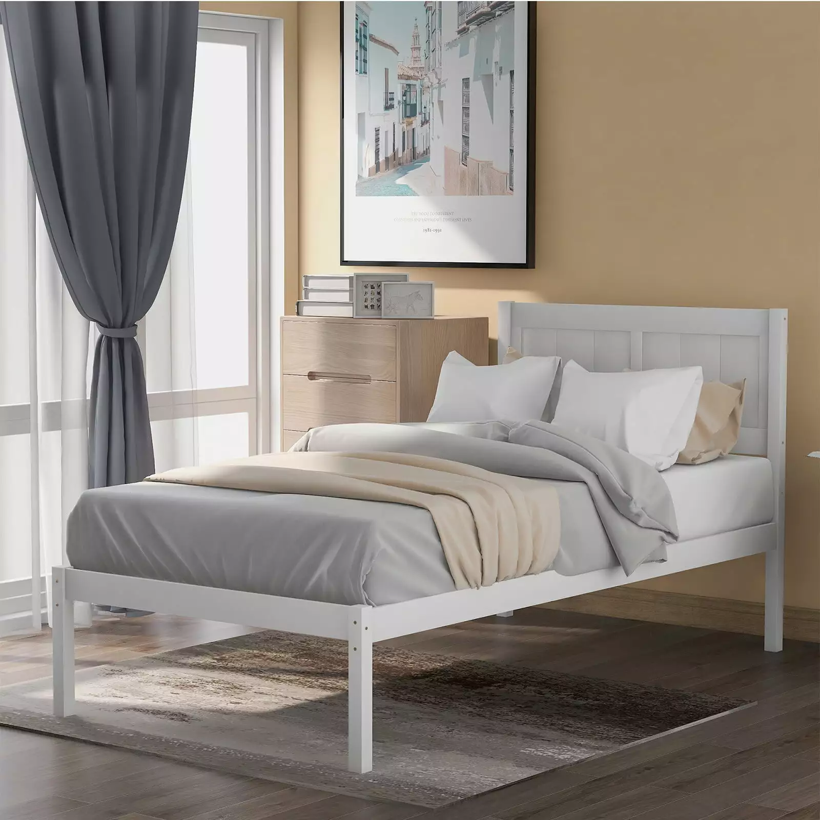 OVERDRIVE White Wood Platform Twin Bed Frame Headboard Adults and Teens