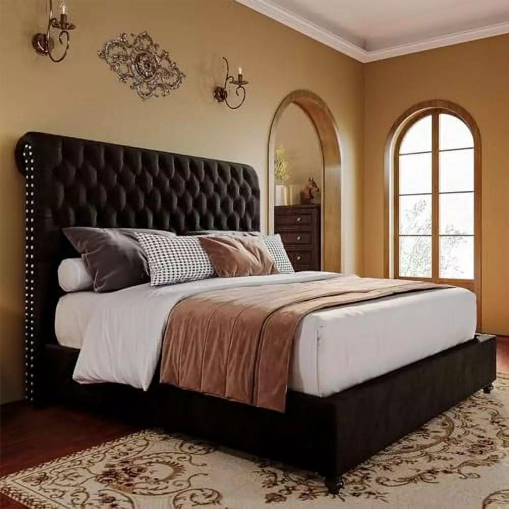 PaPaJet 52.8 High Upholstered Bed Frame King Size Platform Sleigh Bed Deep Button Tufted Headboard Easy Assembly Black