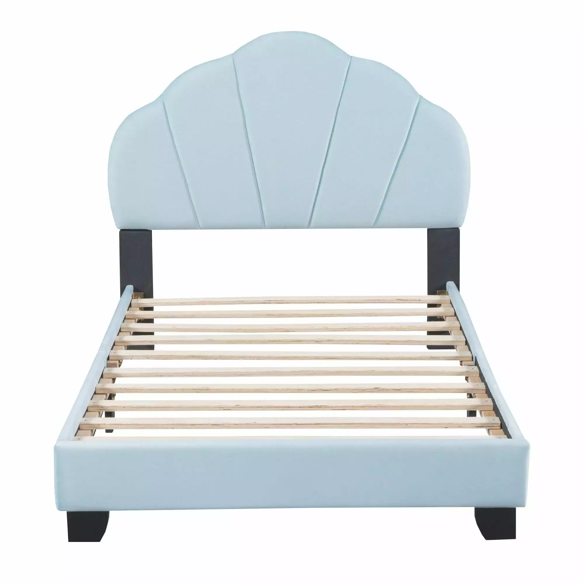 PAPROOS Blue Upholstered Twin Platform Bed Shell Shaped Headboard