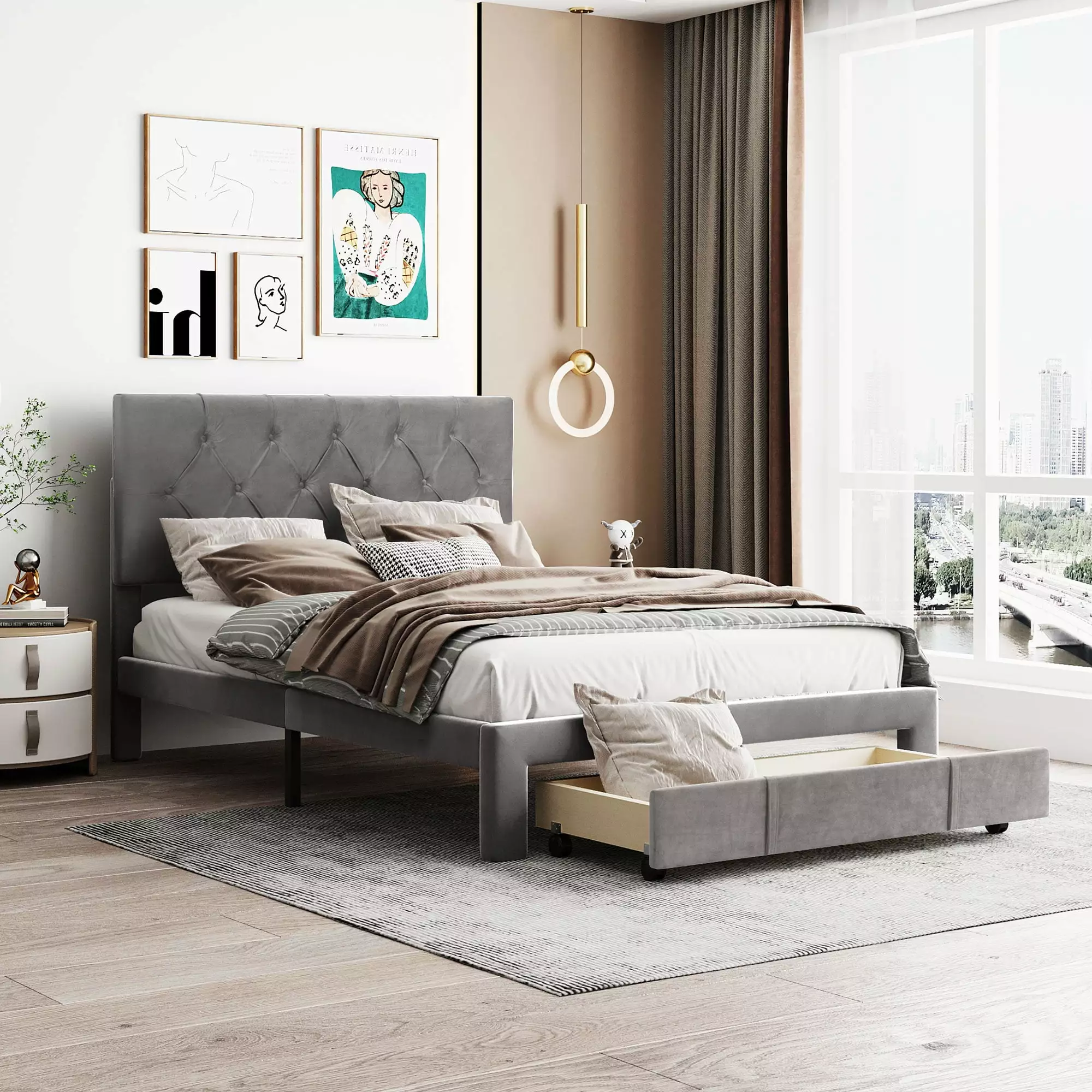PAPROOS Full Platform Bed Frame Storage Velvet Upholstered Platform Bed Tufted Button Headboard No Box Spring Needed Gray