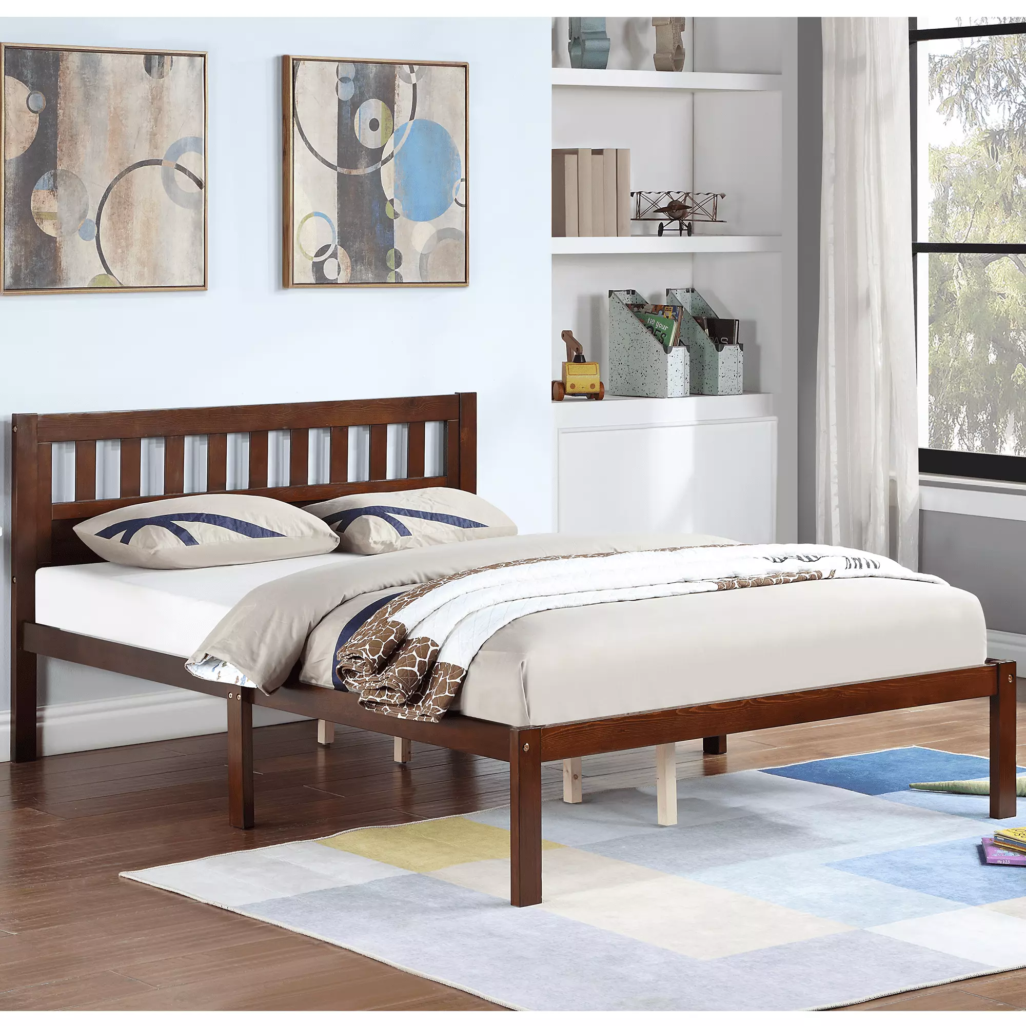 PAPROOS Full Size Platform Bed Frame Headboard - Walnut - No Box Spring Needed - Strong Slat Support