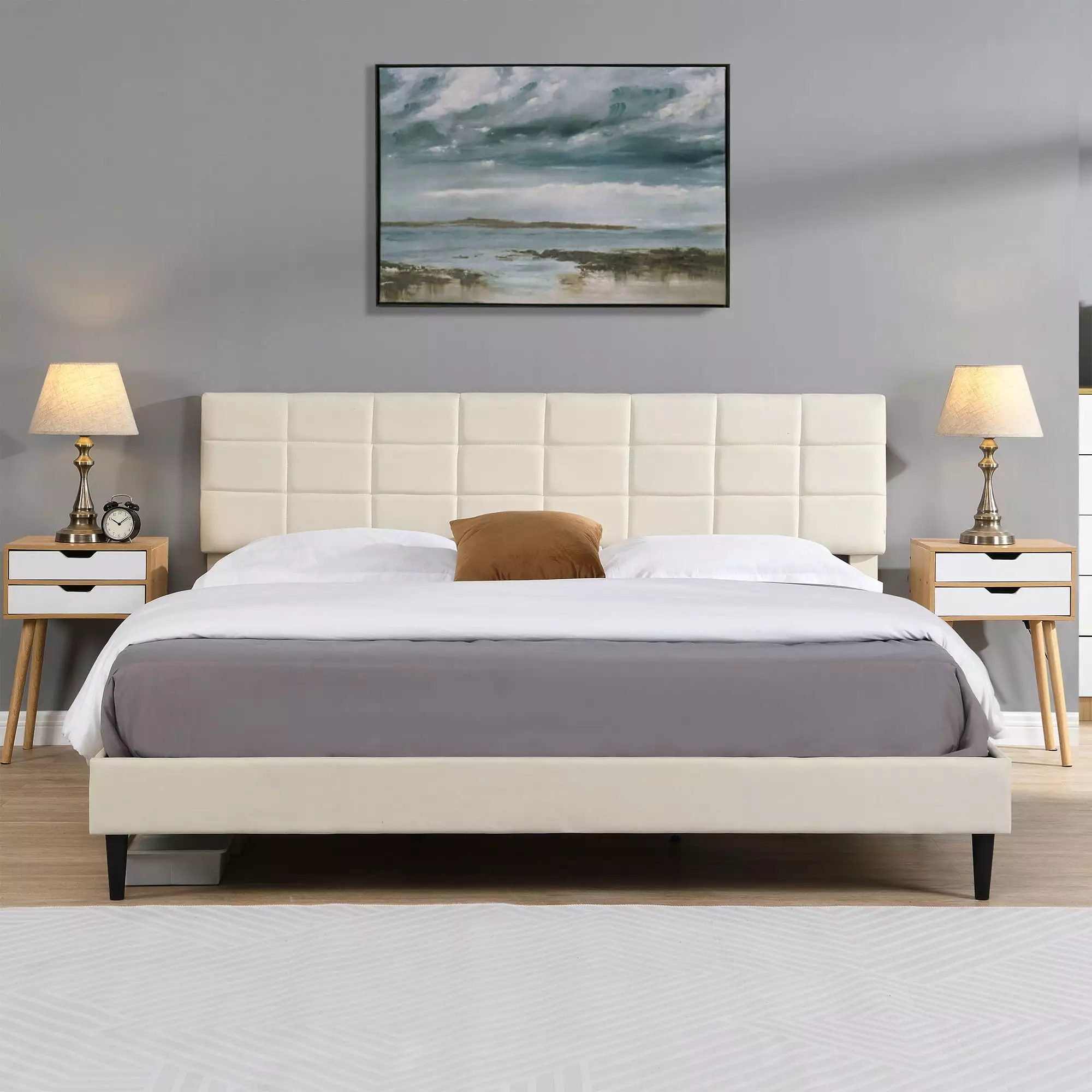 Paproos King Upholstered Bed Frame Platform Bed Fabric Headboard King Floor Bed No Box Spring Needed Easy Assembly