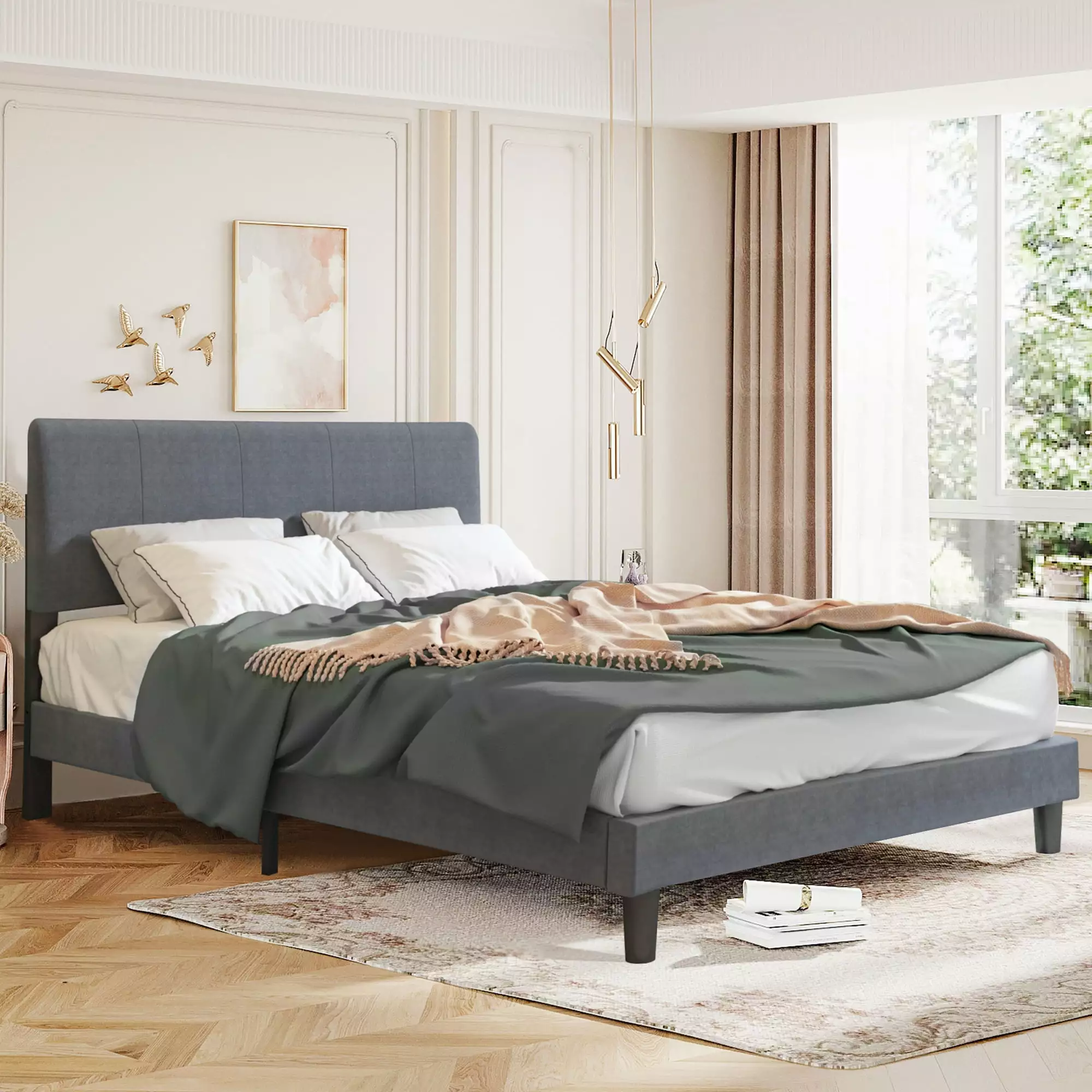PAPROOS Queen Bed Frame Headboard Modern Upholstered Platform Bed Wood Slat Support Gray