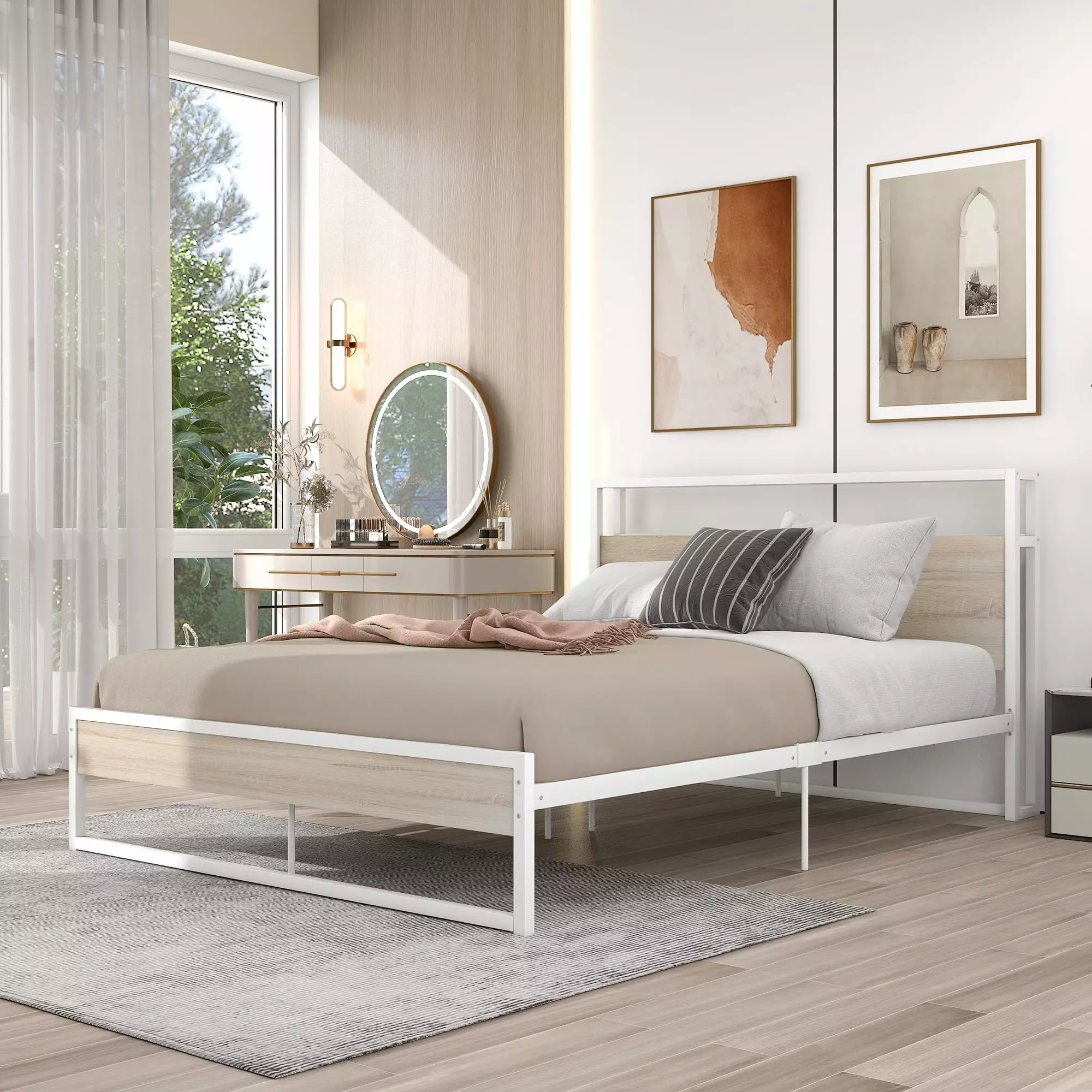 Paproos Queen Size Metal Platform Bed Frame USB Ports and Headboard White