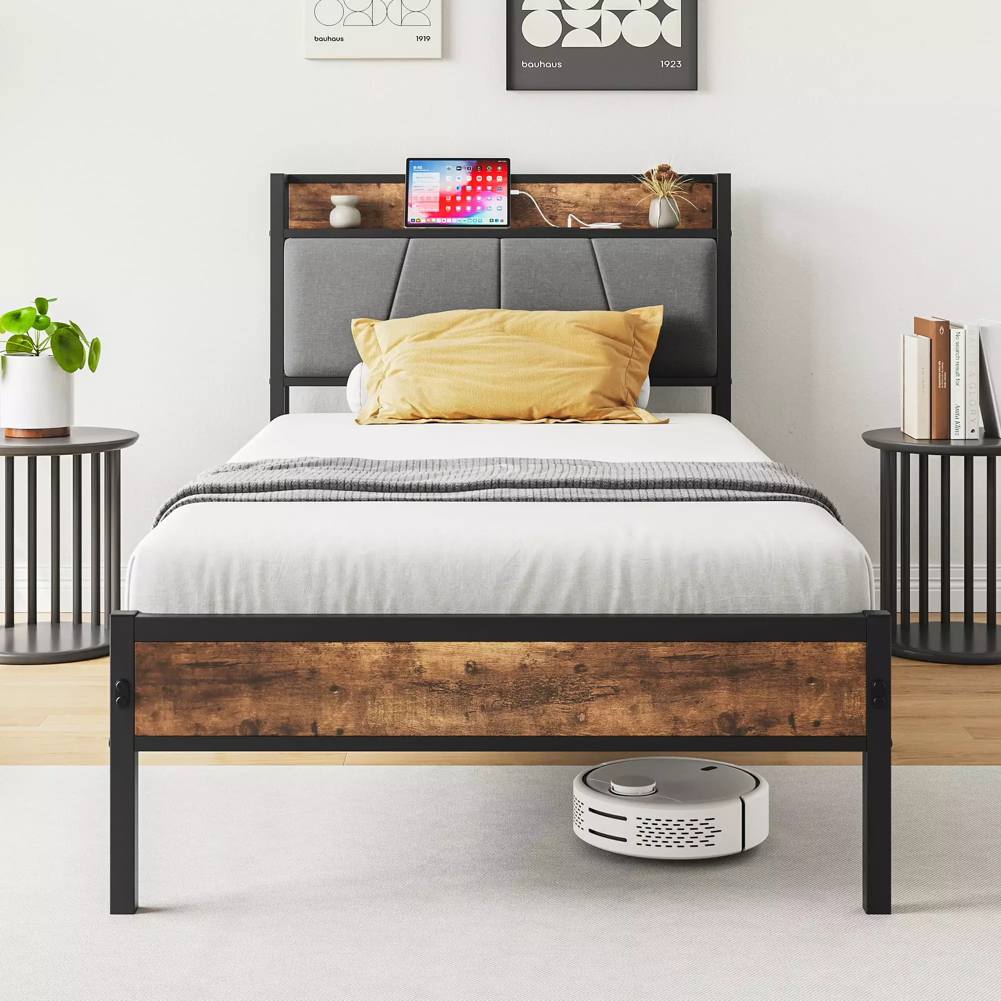 PAPROOS Twin Metal Platform Bed Storage Headboard Charging Station and Steel Slats