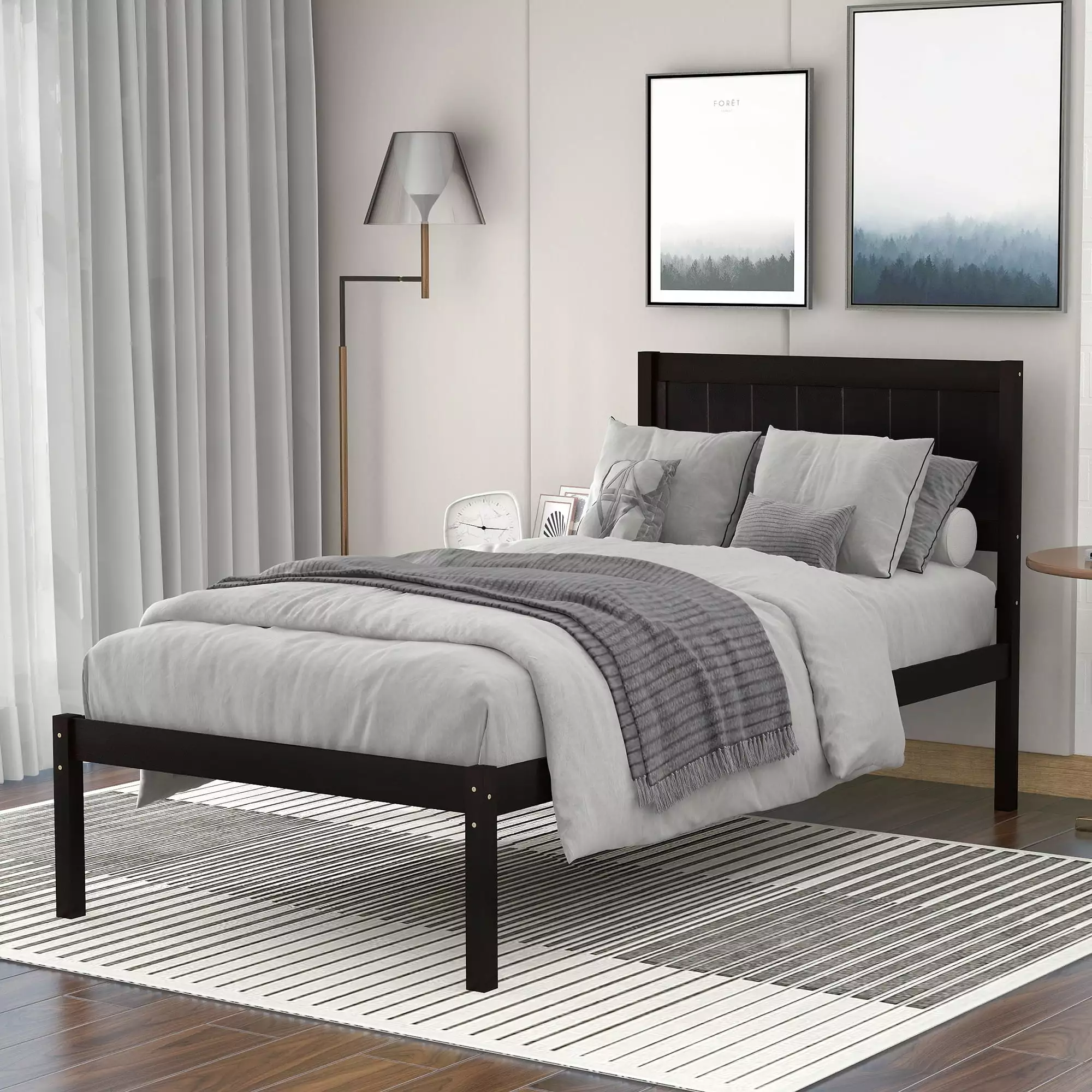 PAPROOS Twin Size Bed Frame Heavy Duty Wood Platform Bed Headboard and Strong Wooden Slats No Box Spring Needed