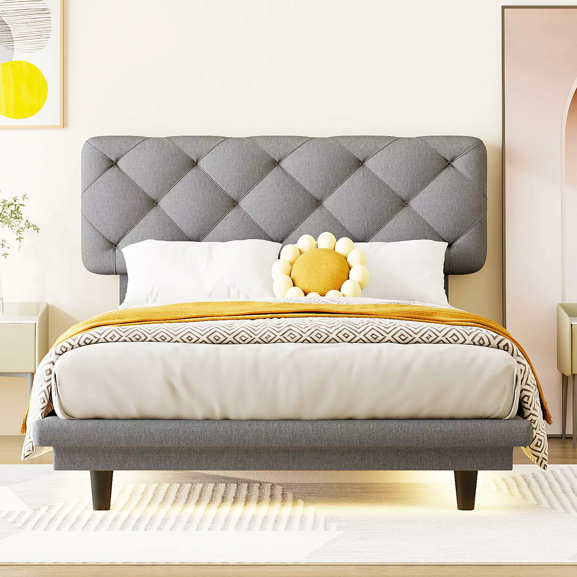 PAPROOS Twin Size Upholstered Platform Bed Headboard and Light Stripe Floating Bed Frame Kids Teens Adults Gray