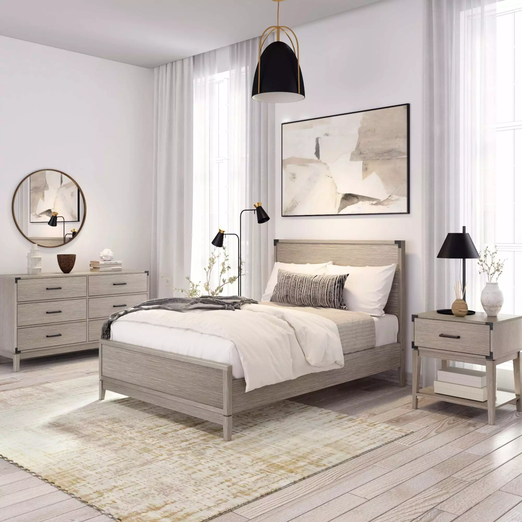 Plank+Beam Full Size Bed Frame Panel Headboard Solid Wood Contempo Platform Bed Wood Slat Support Seashell Wirebrush Plank...
