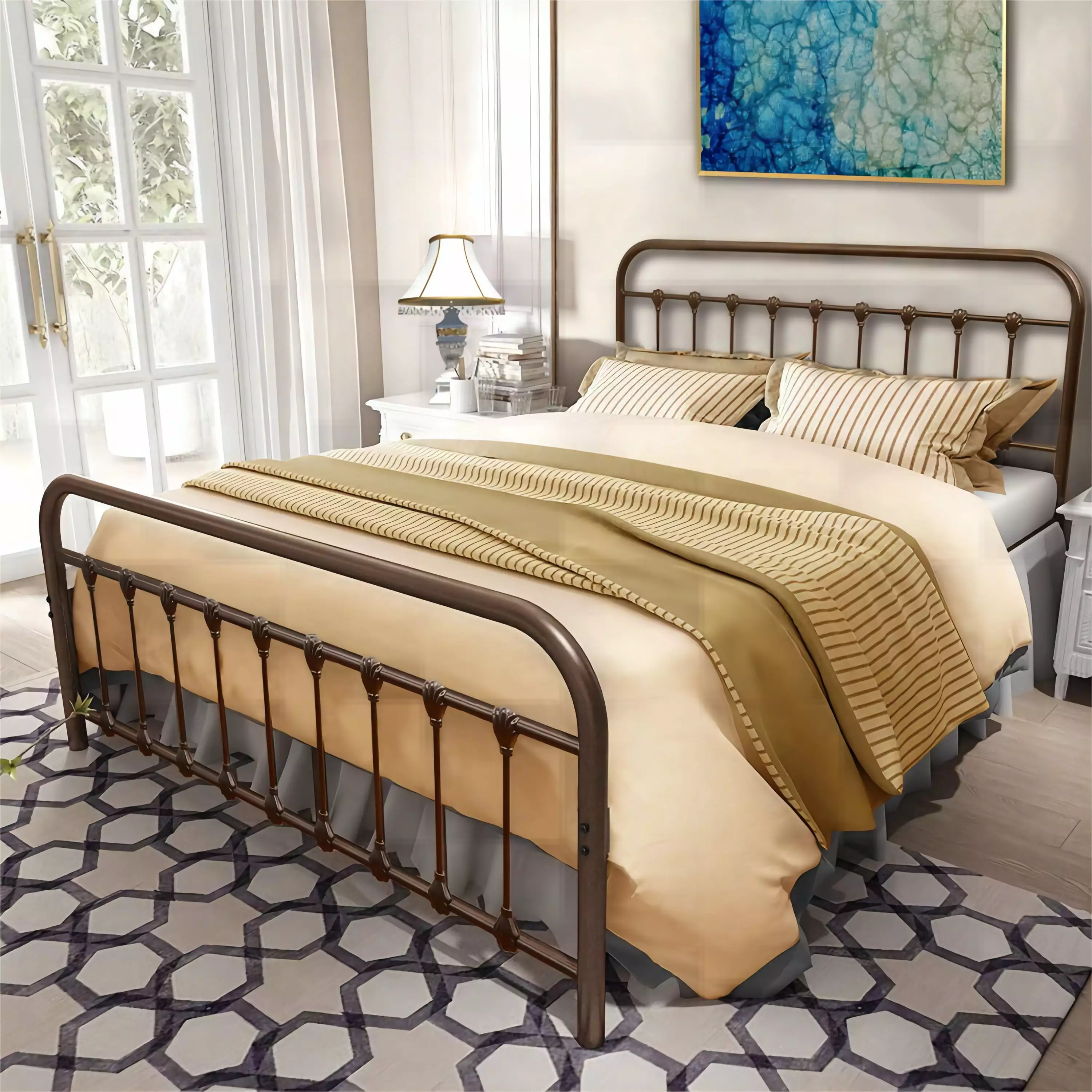 Prime Garden Metal Platform Bed Frame Headboard Queen Size Brown