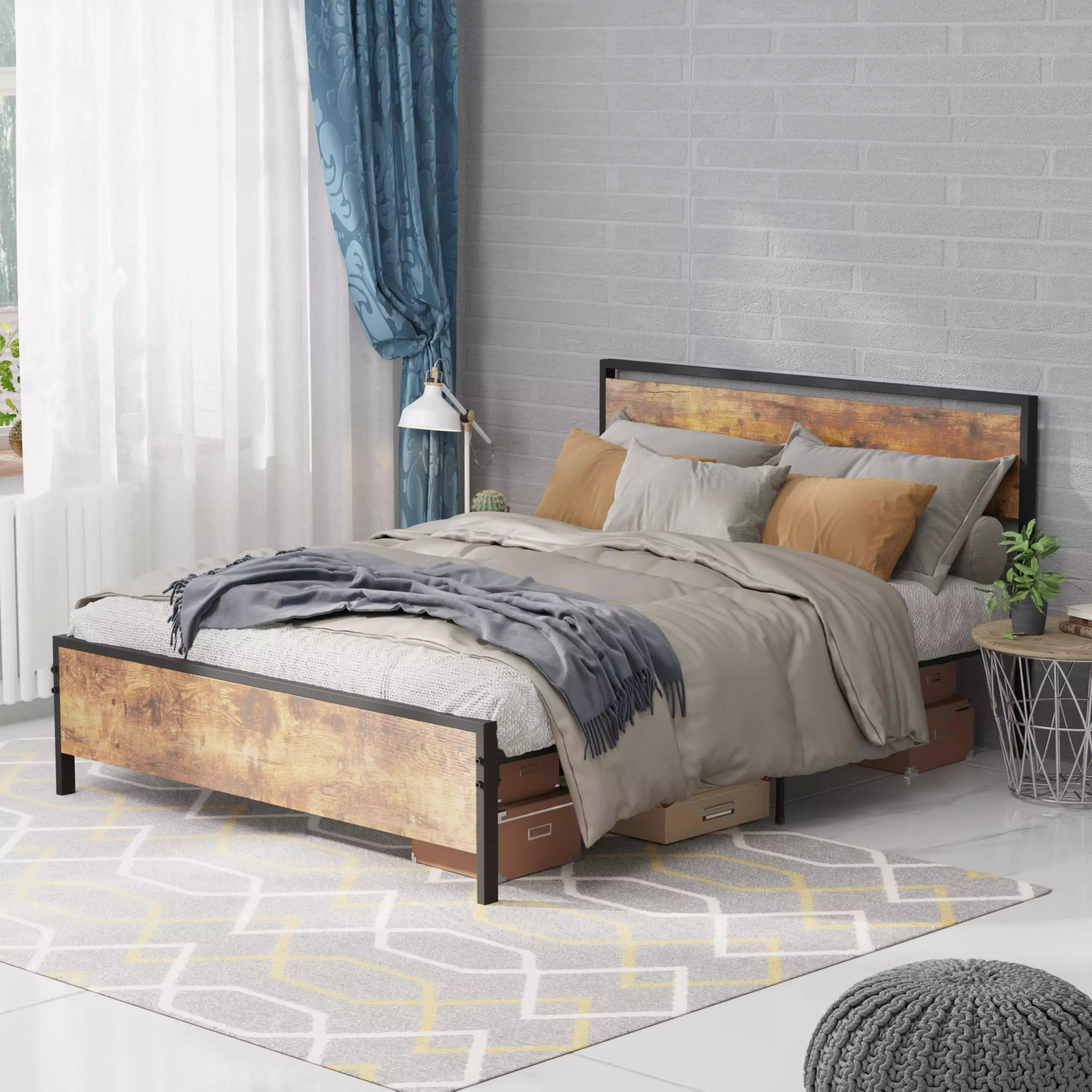Prime Garden Queen Size Platform Bed Frame Wood Headboard - Brown - No Box Spring Needed