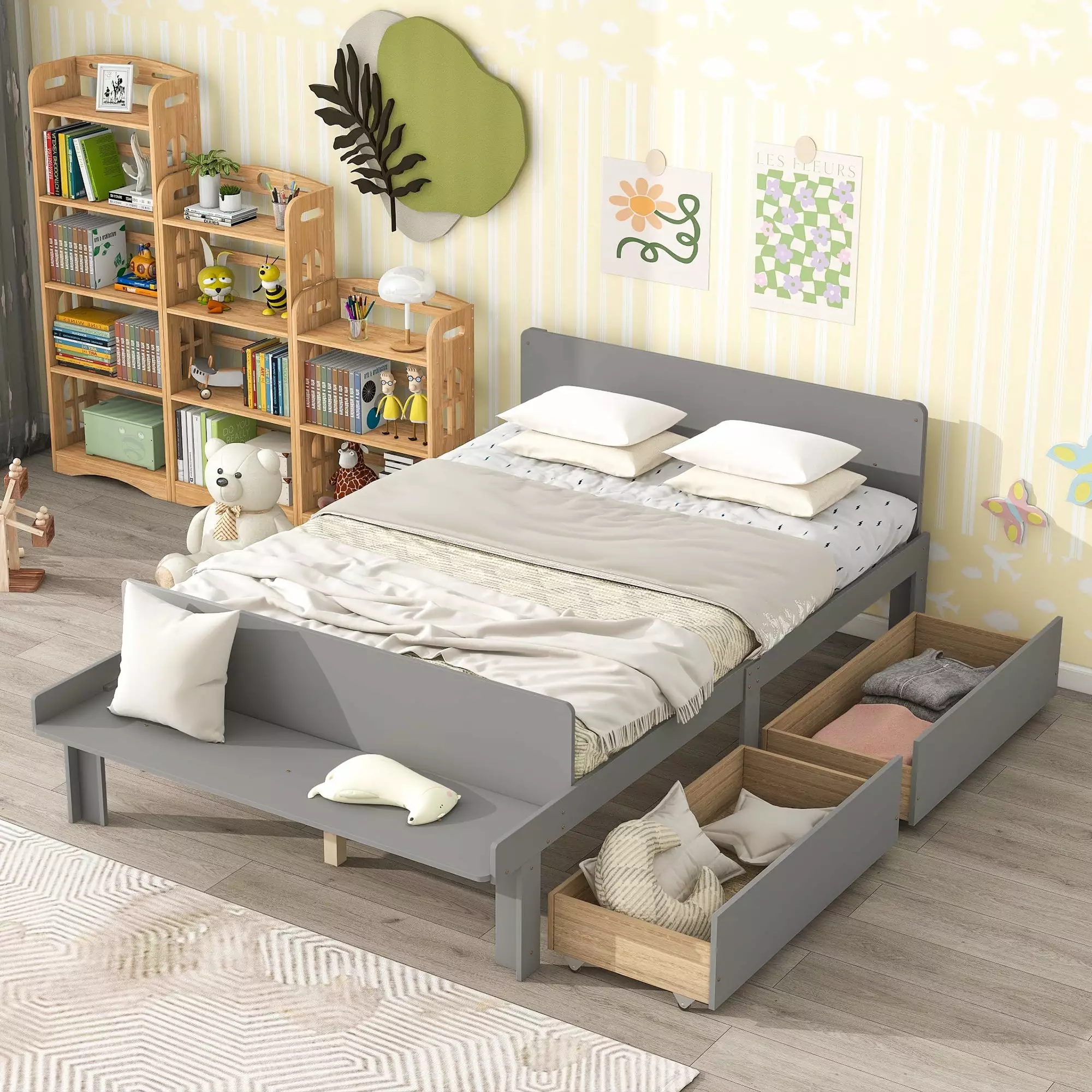 Full Size Wood Platform Bed Frame Footboard Bench 2 Drawers Kids Teens Adults Gray QDXDX