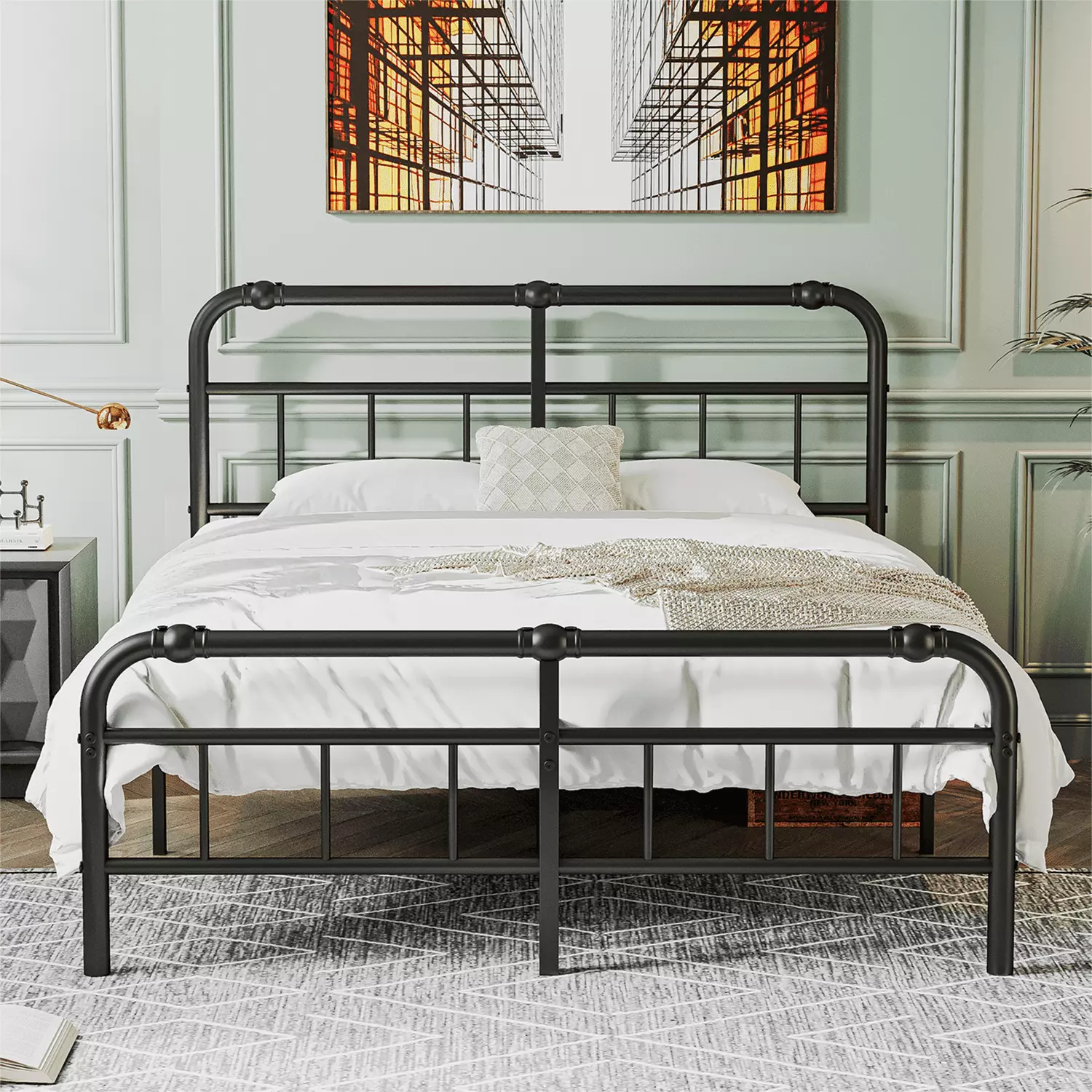 QFTIME 14 Inch King Bed Frame Headboard and Footboard - Heavy Duty Metal Platform Storage