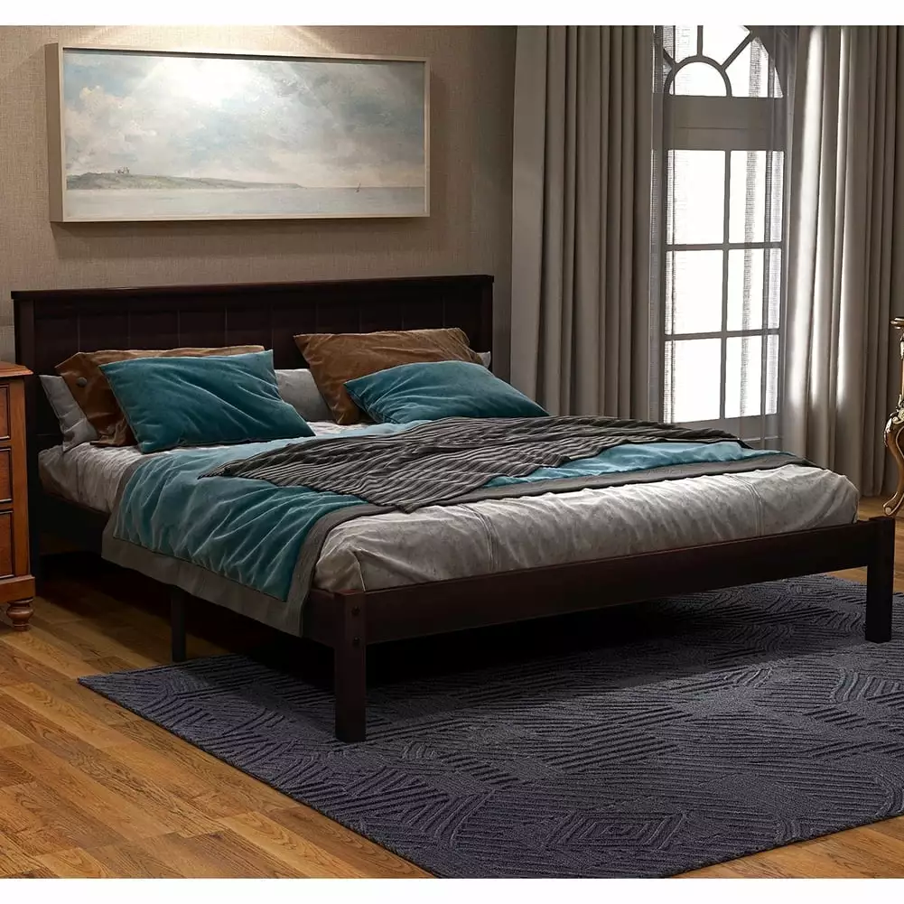Resenkos Full Size Wood Platform Bed Headboard - Espresso Pine Wood Frame Wood Slat Support