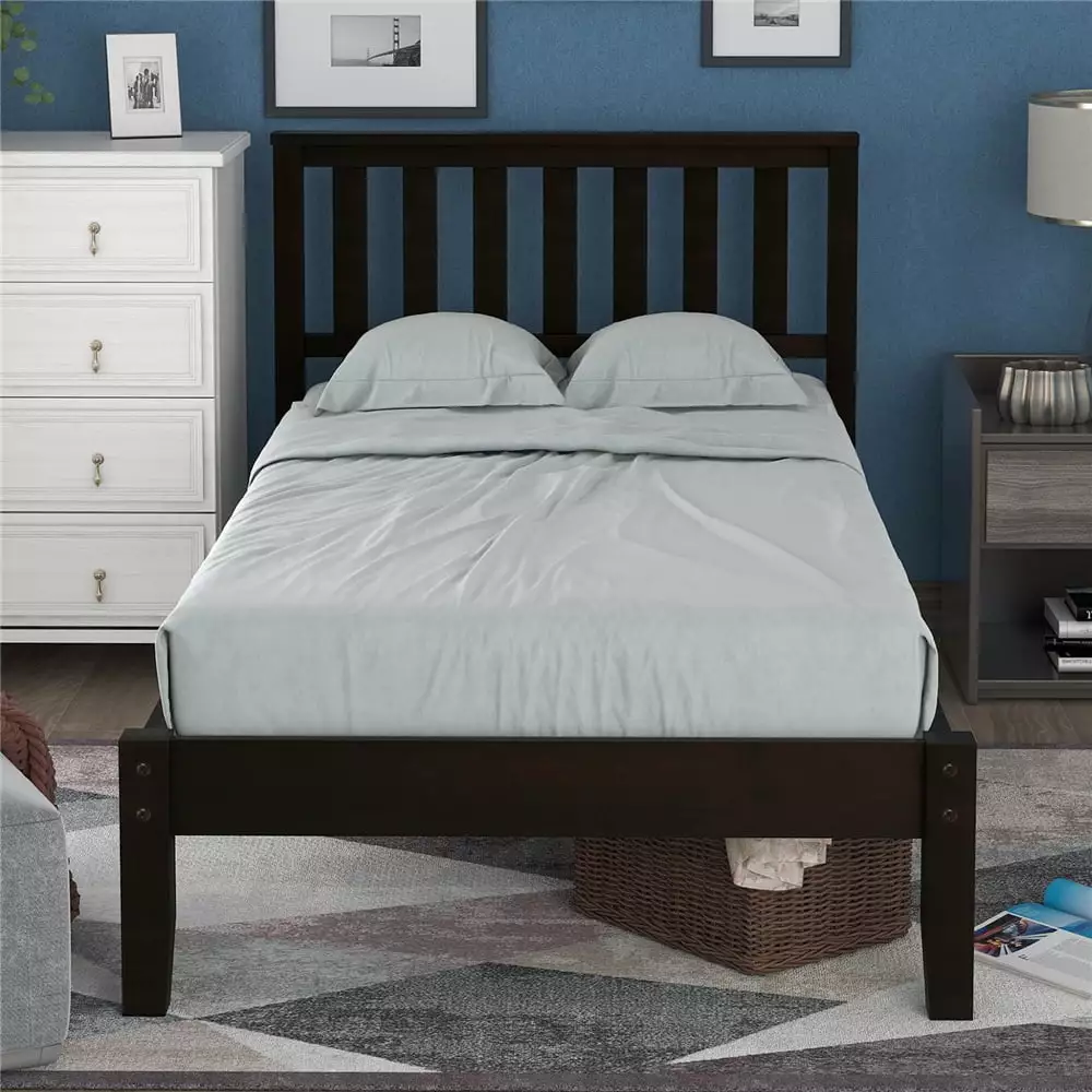 Espresso Twin Bed Frame Headboard - Wood Platform Bed Kids Adults Teens No Box Spring Needed Segmart