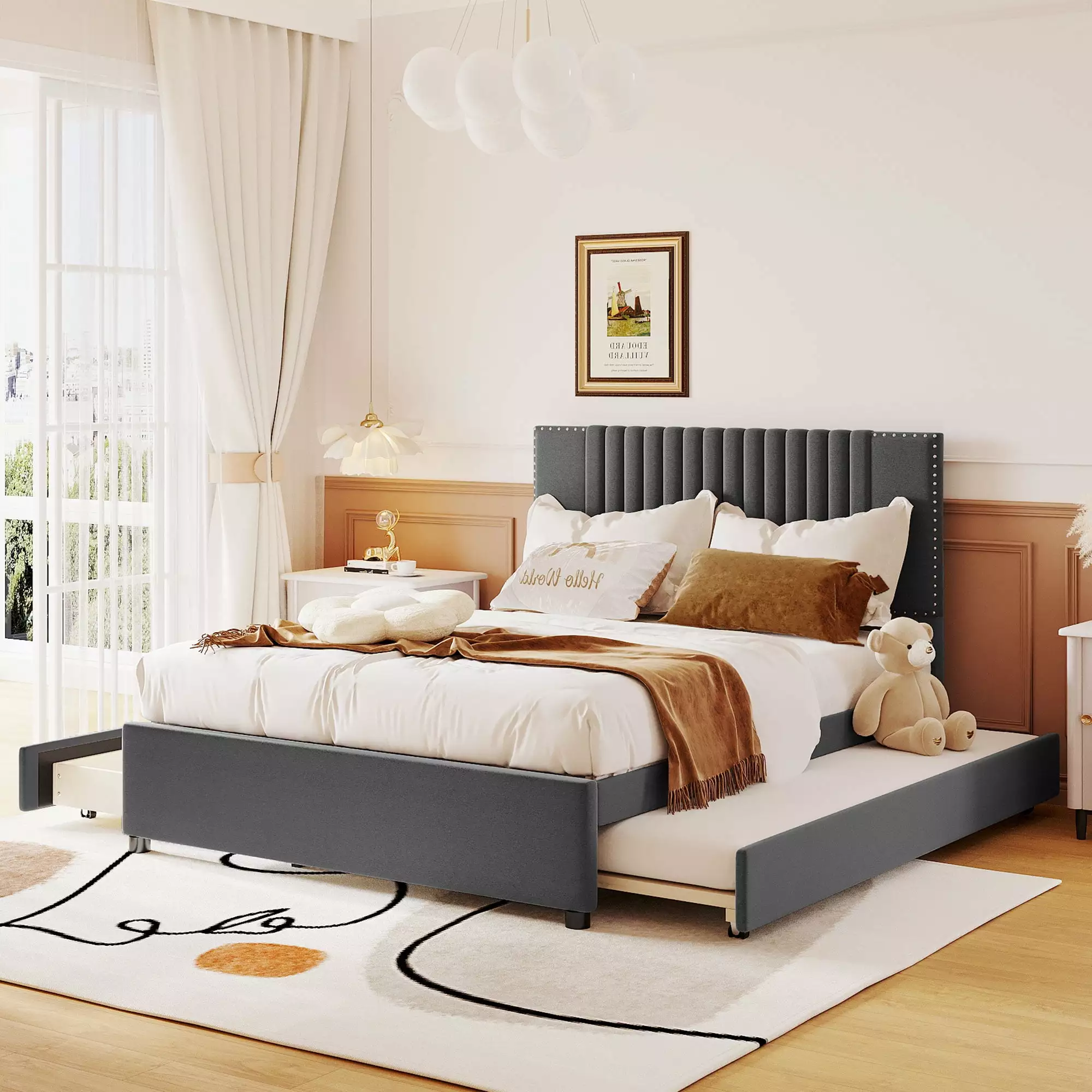 Full Size Upholstered Platform Bed Trundle and 2 Storage Drawers Kids Teens Segmart