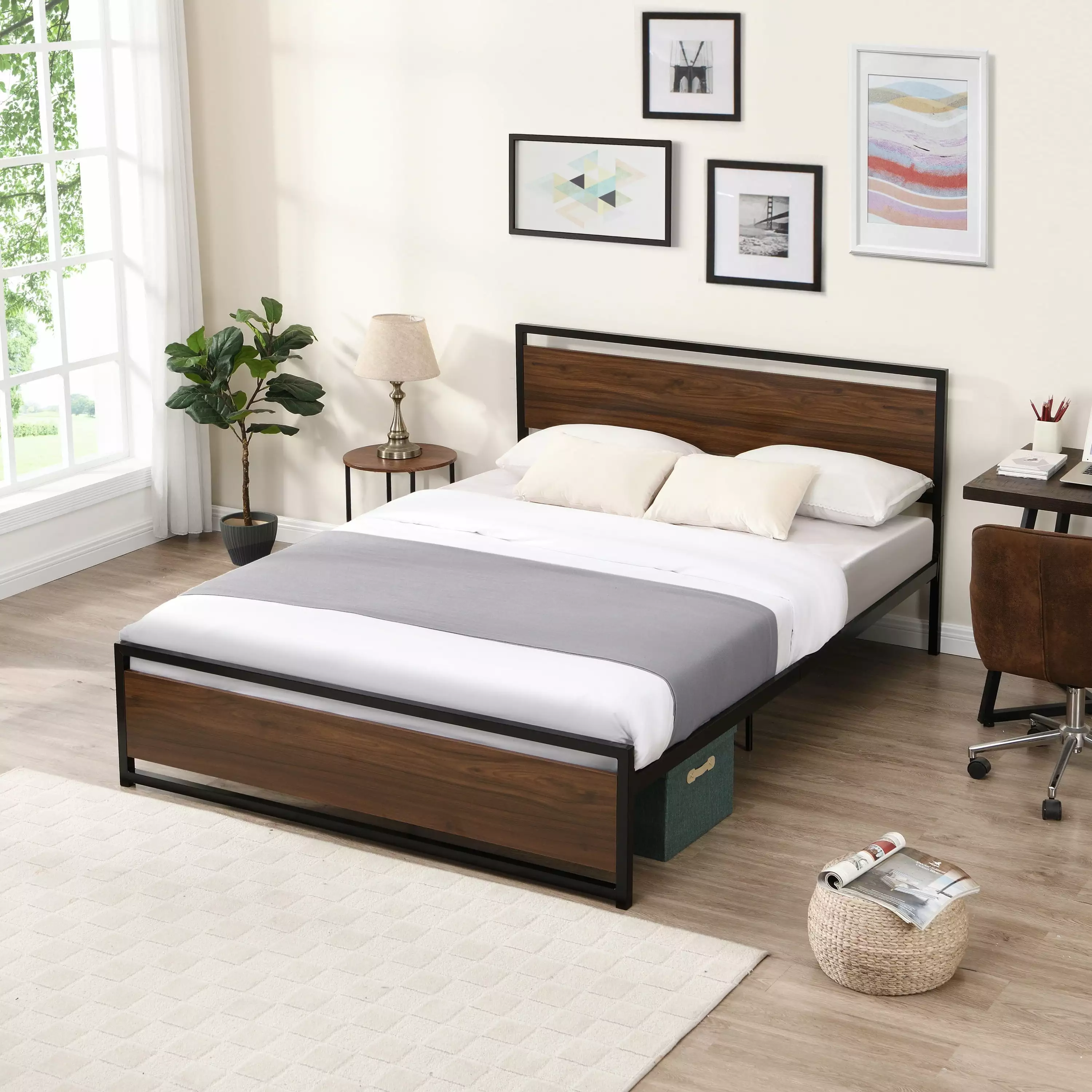 Industrial Platform Full Bed Frame Rustic Headboard and Footboard Steel Slat Support No Box Spring Needed Segmart