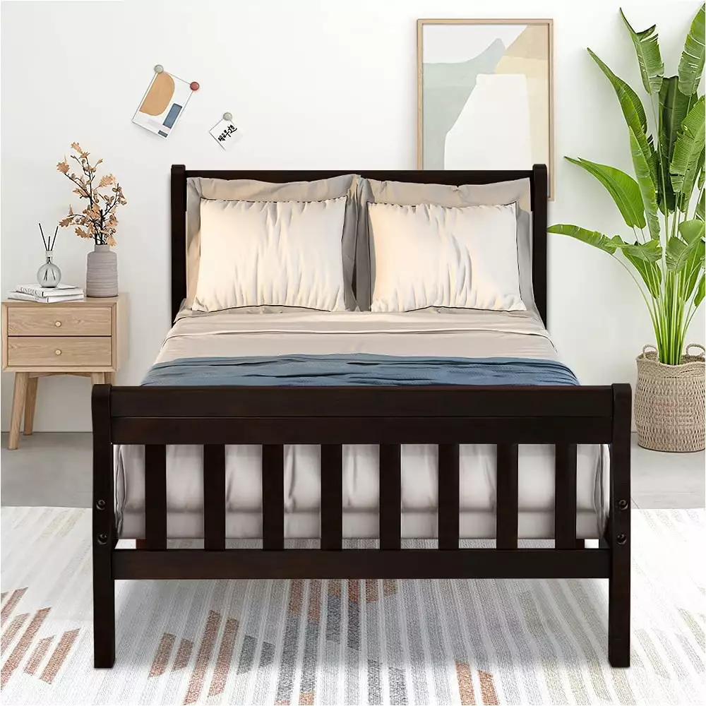 Twin Bed Frame Modern Wood Platform Bed Headboard and Footboard Solid Wood Slat Support No Box Spring Needed Segmart