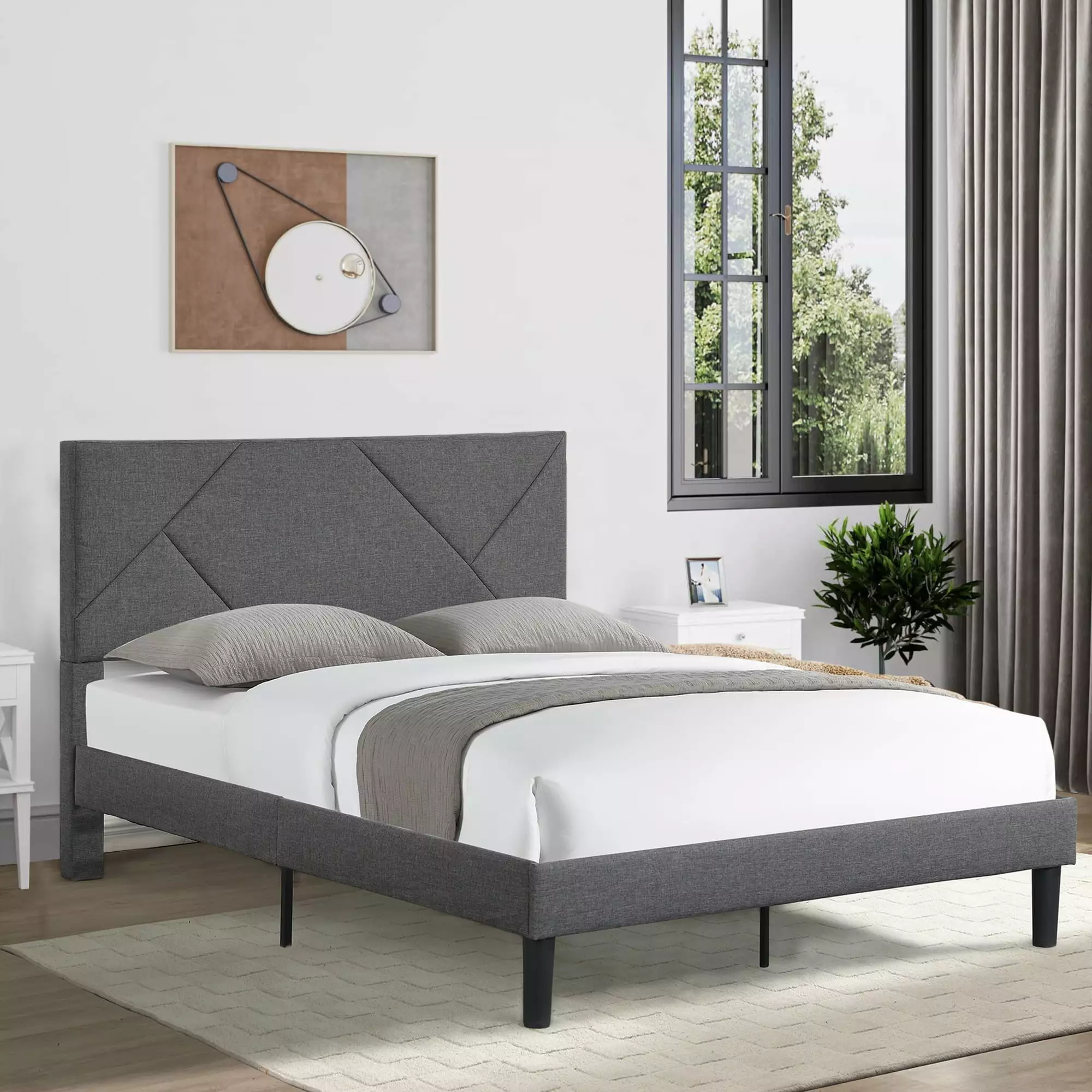 Blue Platform Bed Frame Full Upholstered Bed Timeless Headboard No Box Spring Needed Easy Assembly Sesslife