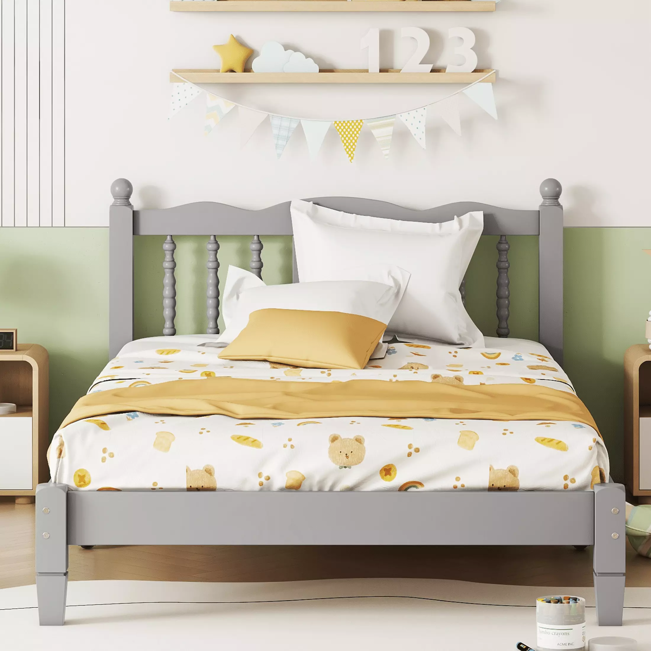 SESSLIFE Gray Twin Wood Bed Frame Platform Bed Headboard Modern Bed Frame No Box Spring Easy Assembly