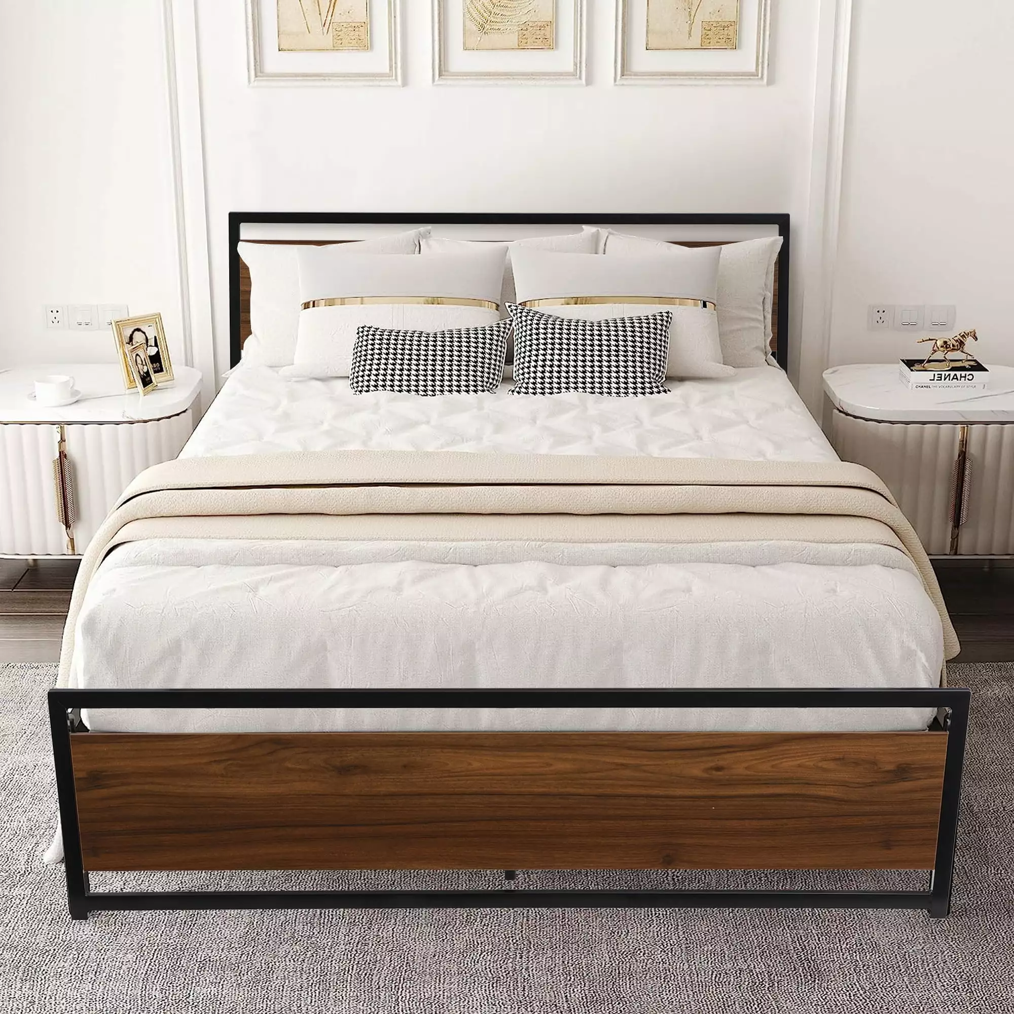 SESSLIFE Platform Bed Frame Full Black Metal Bed Headboard Large Under Bed Storage Non Slip Without Noise