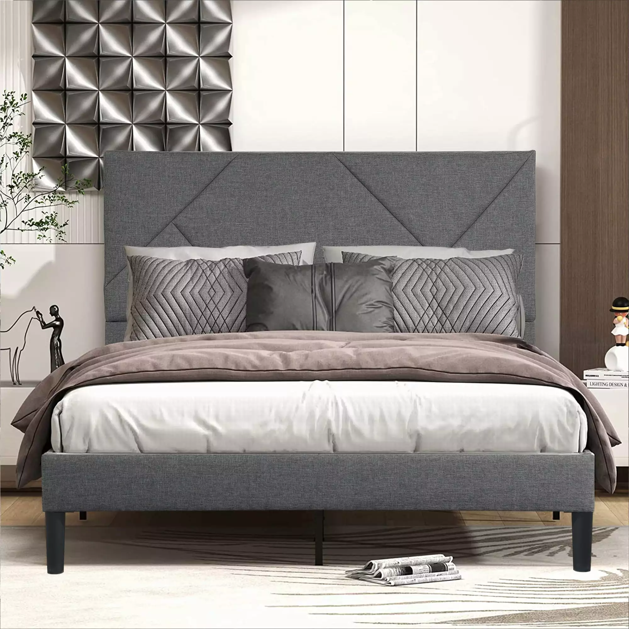 SESSLIFE Velvet Upholstered Platform Bed Adjustable Headboard Gray Finish Wood Slat Support Metal Frame