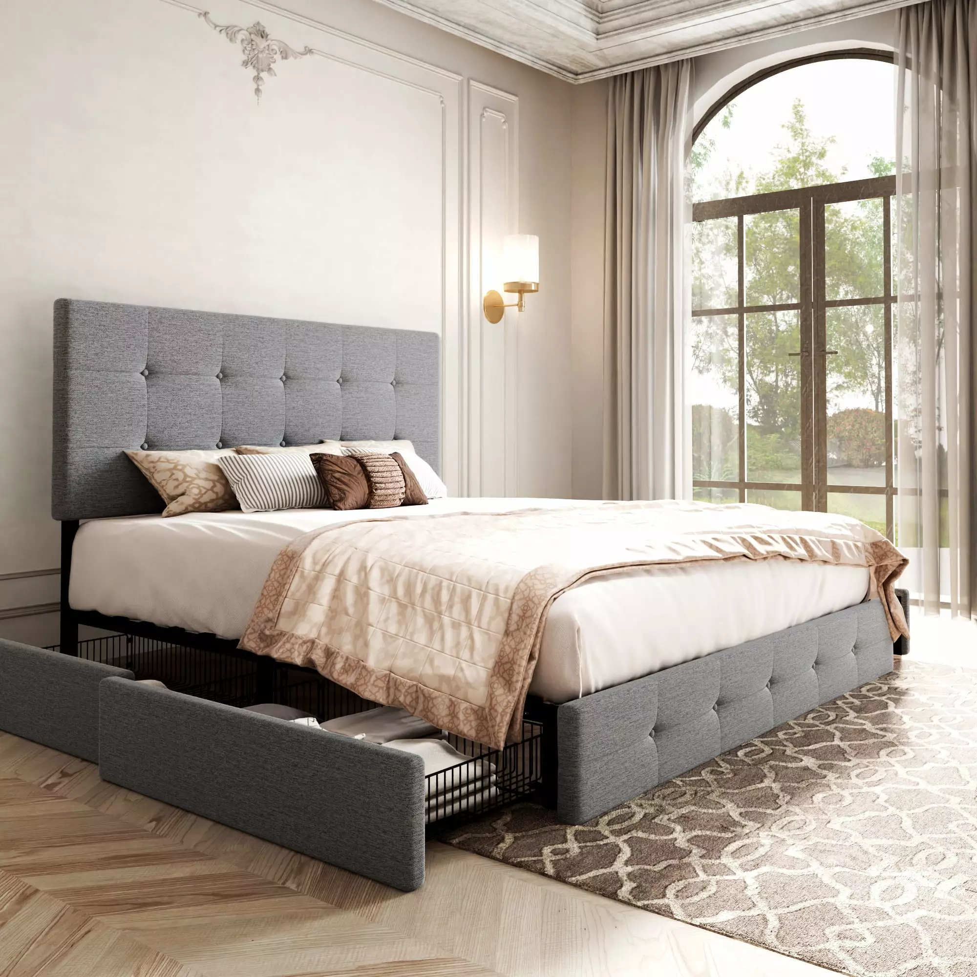 Sifurni Light Grey Queen Platform Bed Frame 4 Drawers Storage and Tufted Headboard