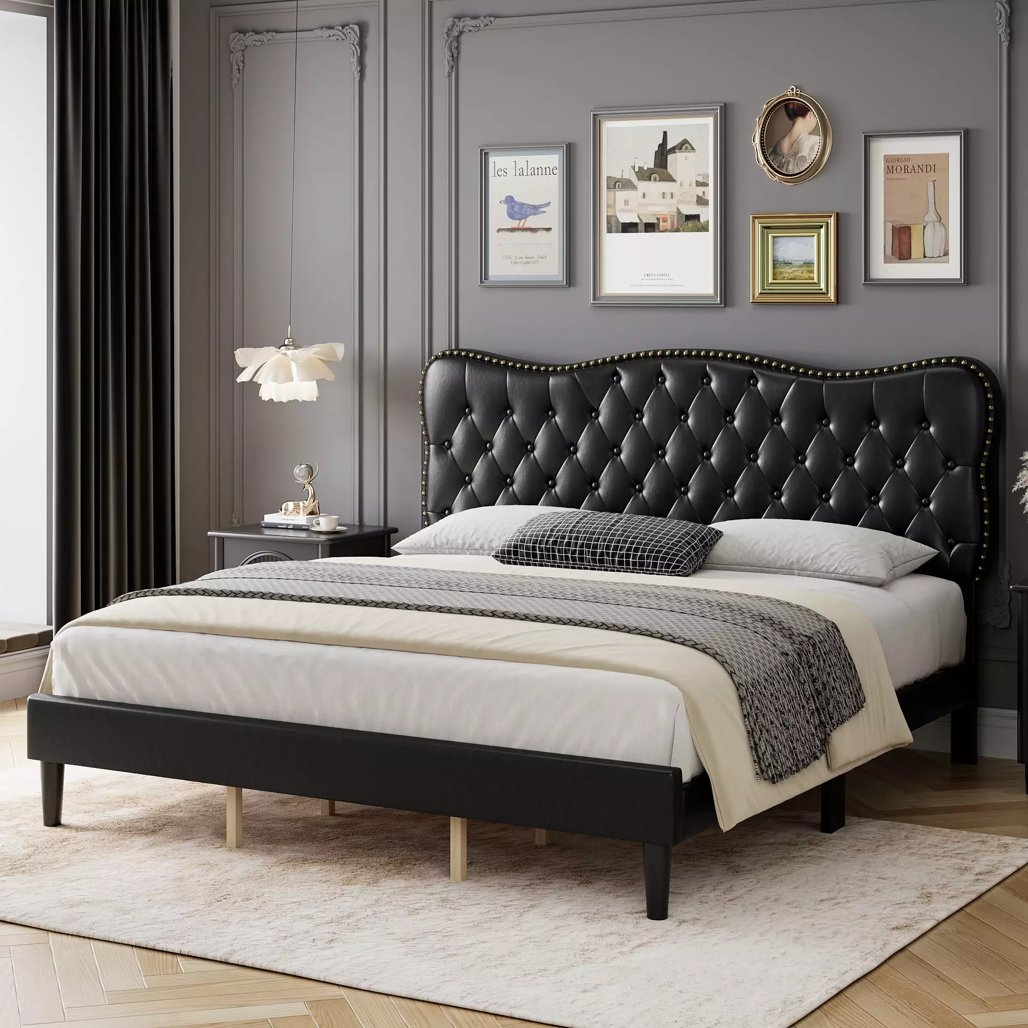 Simzone Full Size Bed Frame Faux Leather Upholstered Platform Bed Adjustable Headboard