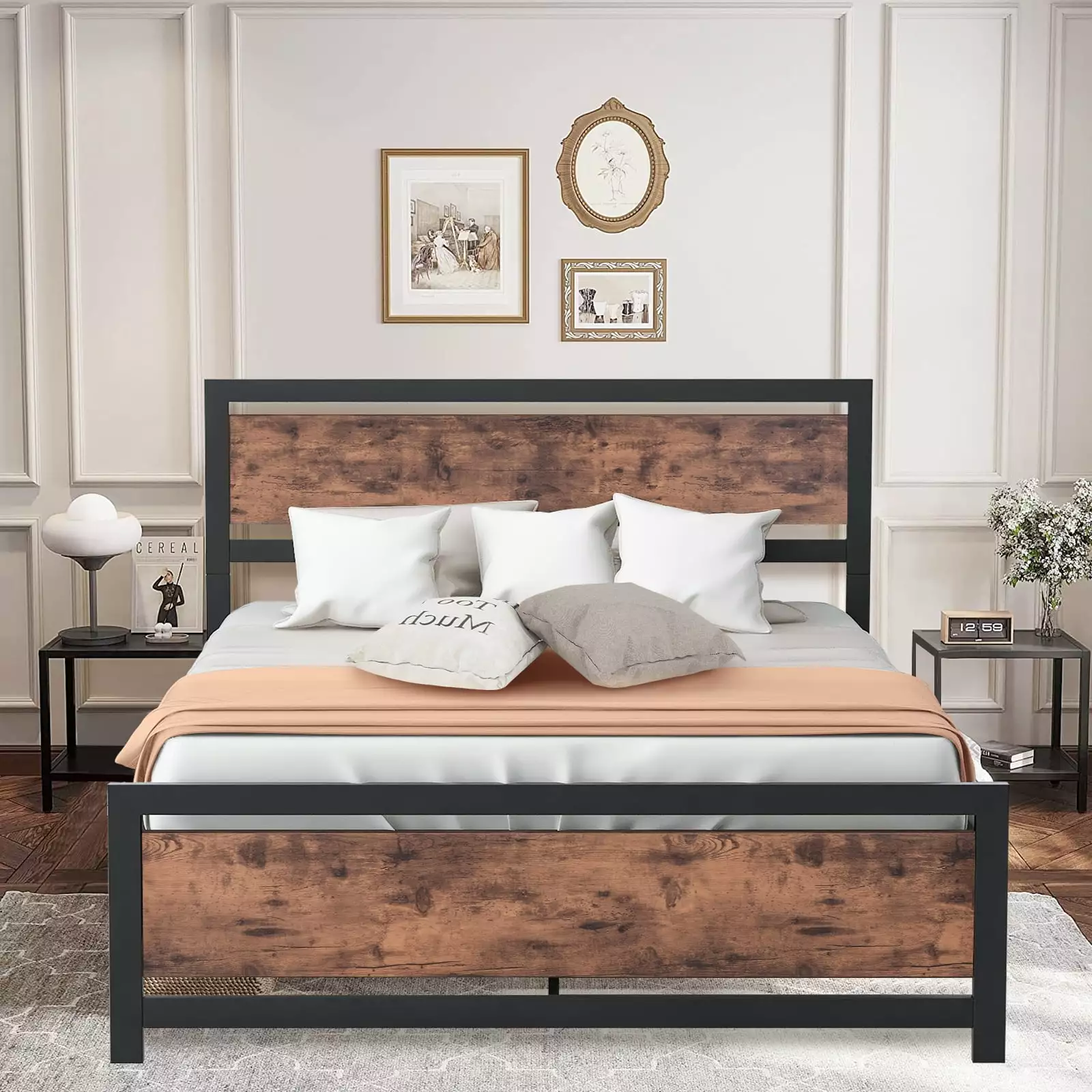 Full Size Bed Frame Teens Kids Industrial Platform Bed Frame Sturdy Metal Slats No Box Spring Needed Black LJ919 Syngar