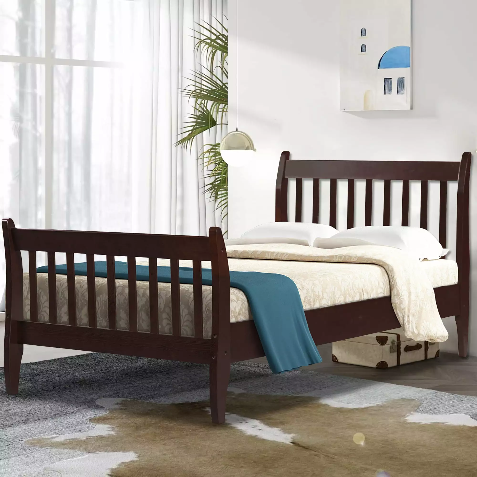 SYNGAR Twin Platform Wood Bed Frame Headboard and Footboard Vintage Rustic Espresso