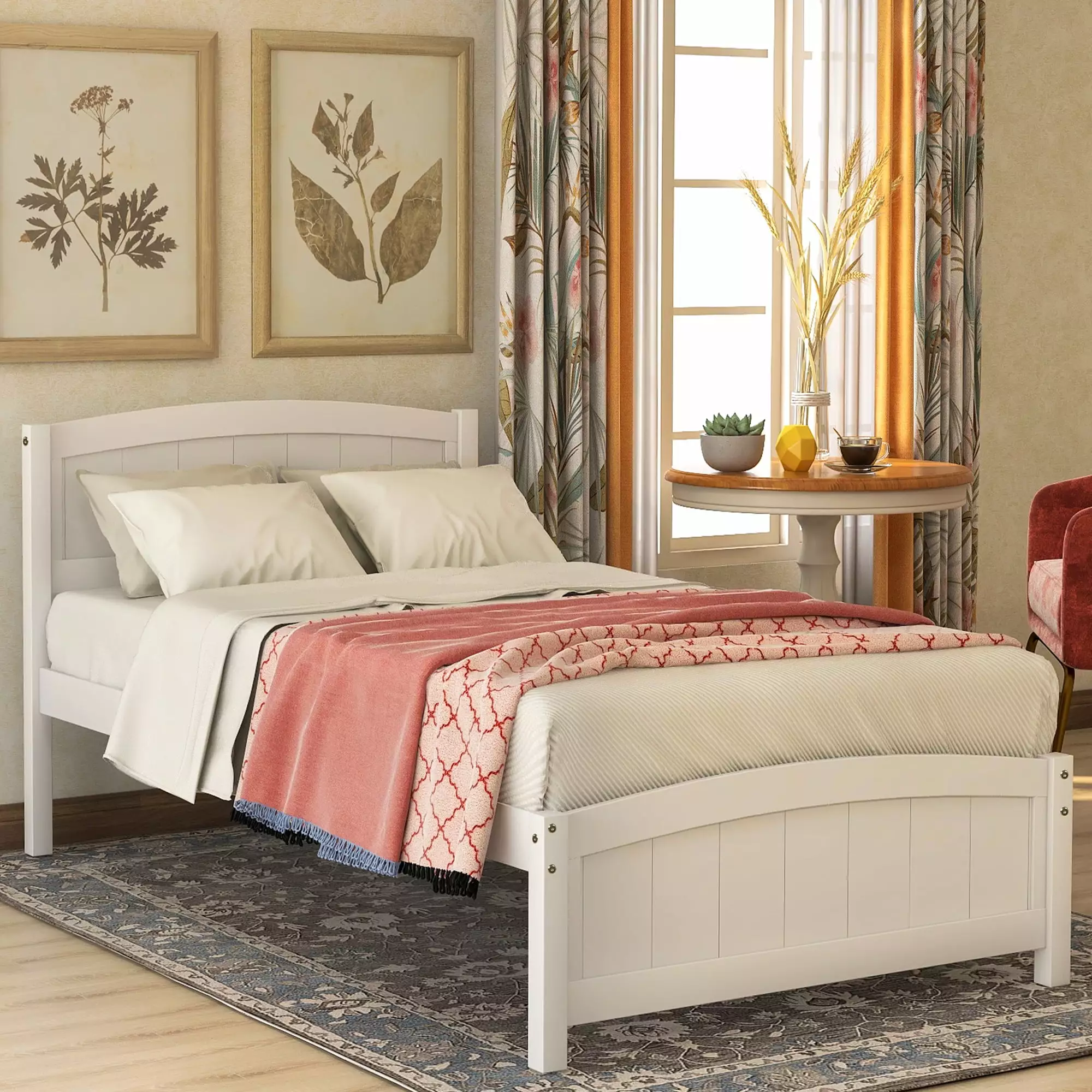 Twin Bed Frame Kids Solid Pine Wood Platform Bed Headboard Footboard No Box Spring Needed White Syngar