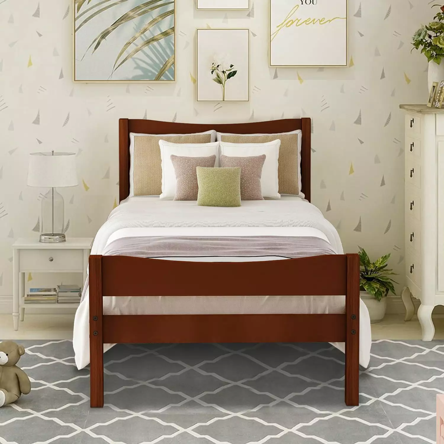 Twin Bed Frame Kids Solid Pine Wood Platform Bed Headboard and Footboard Boys Girls Teens No Box Spring Needed Oak Syngar