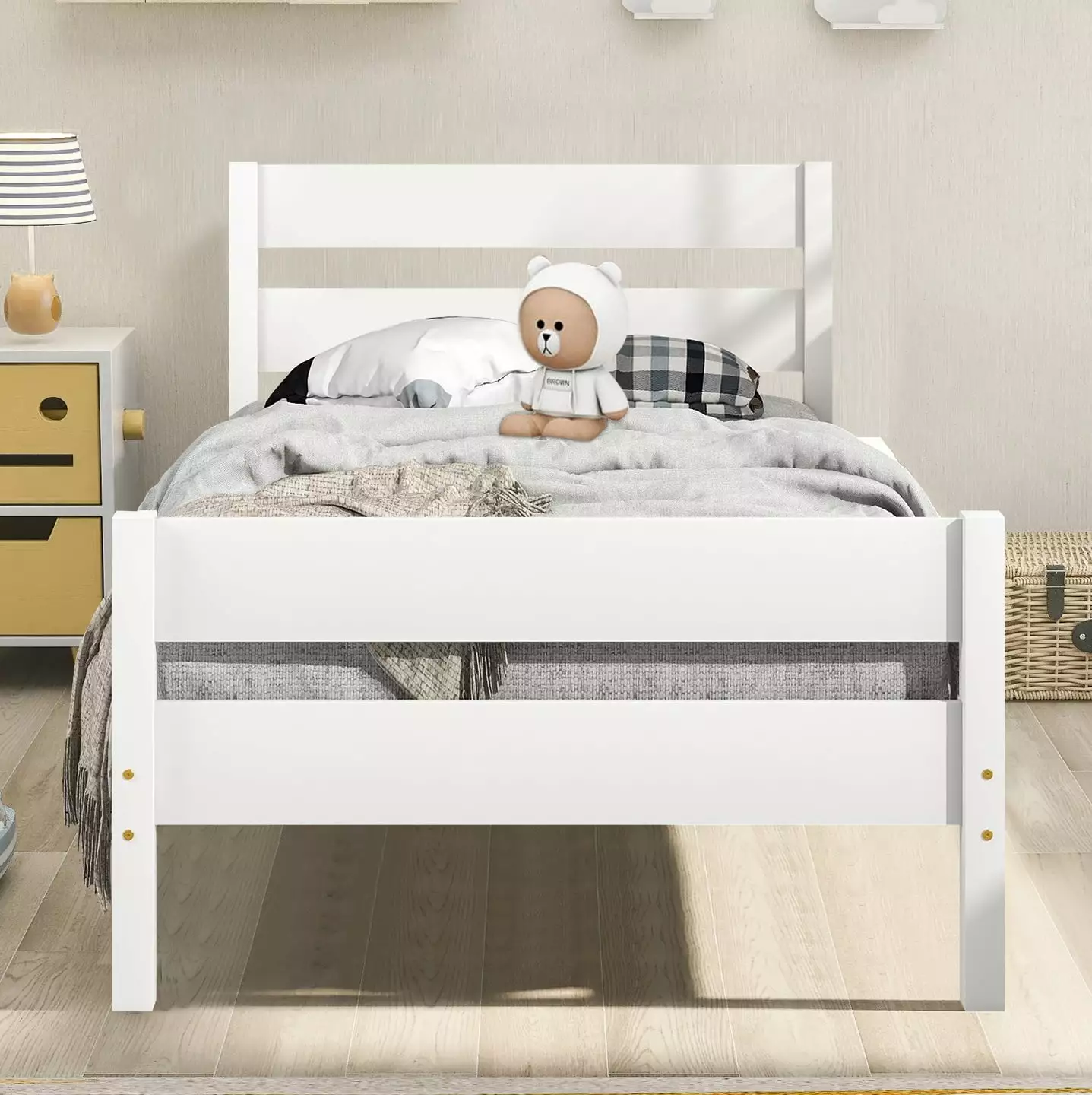 Wood Kids Twin Platform Bed Frame Headboard and Footboard Boys Girls Teens Adults White LJ798 Syngar